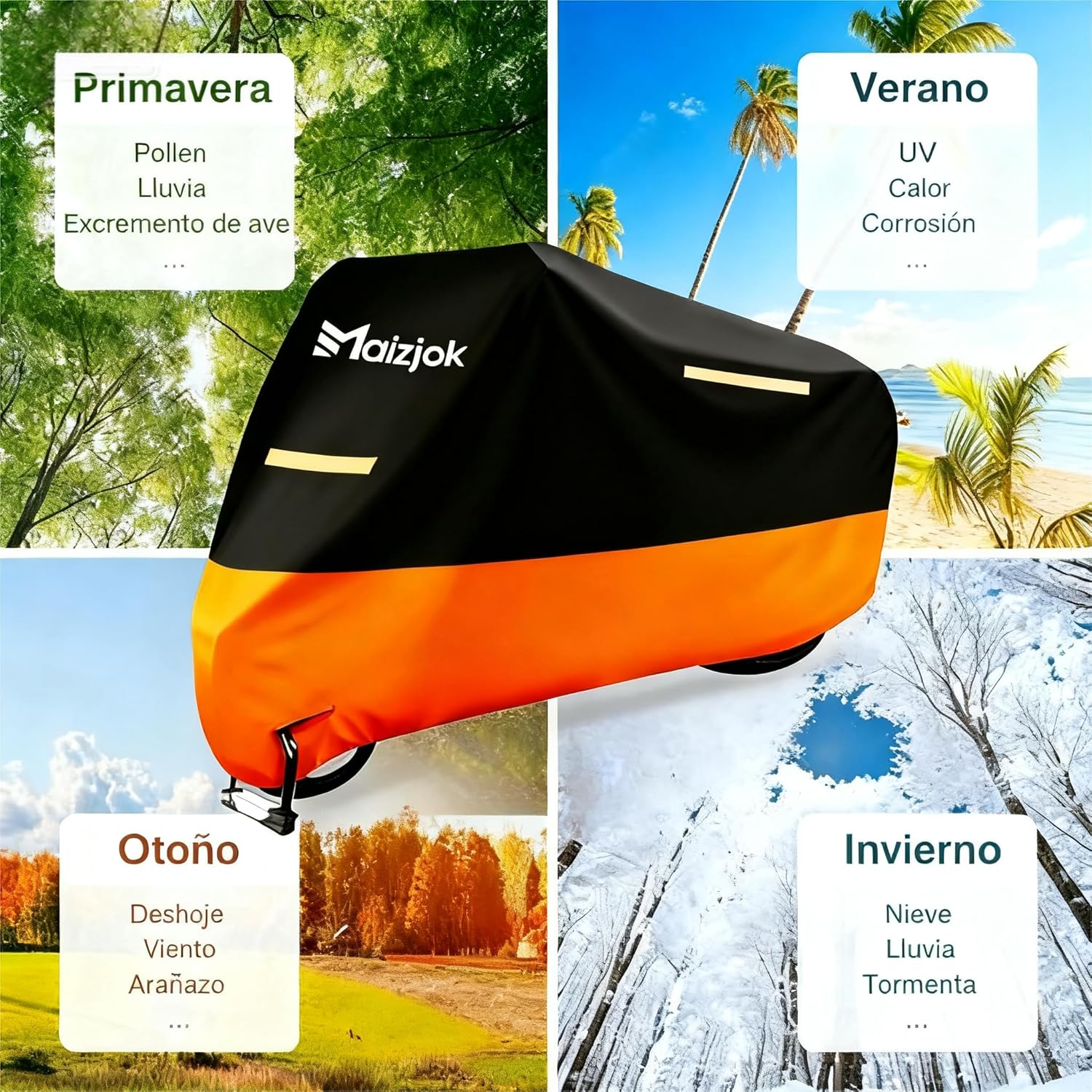 Imagen de Maizjok® Funda Moto Impermeable, Cubierta Moto Exterior Interior 210D Poliéster, Capa Protector Lluvia y UV para Cubre Motocicleta Calle/Deportiva/Aventure/Cruiser/Touring XXL Grande (275x105x125 cm)
