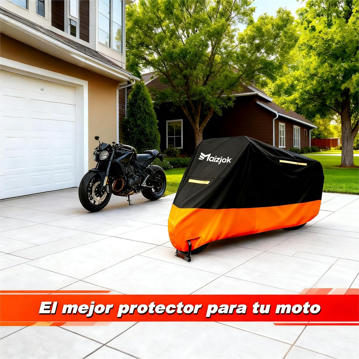 Imagen de Maizjok® Funda Moto Impermeable, Cubierta Moto Exterior Interior 210D Poliéster, Capa Protector Lluvia y UV para Cubre Motocicleta Calle/Deportiva/Aventure/Cruiser/Touring XXL Grande (275x105x125 cm)