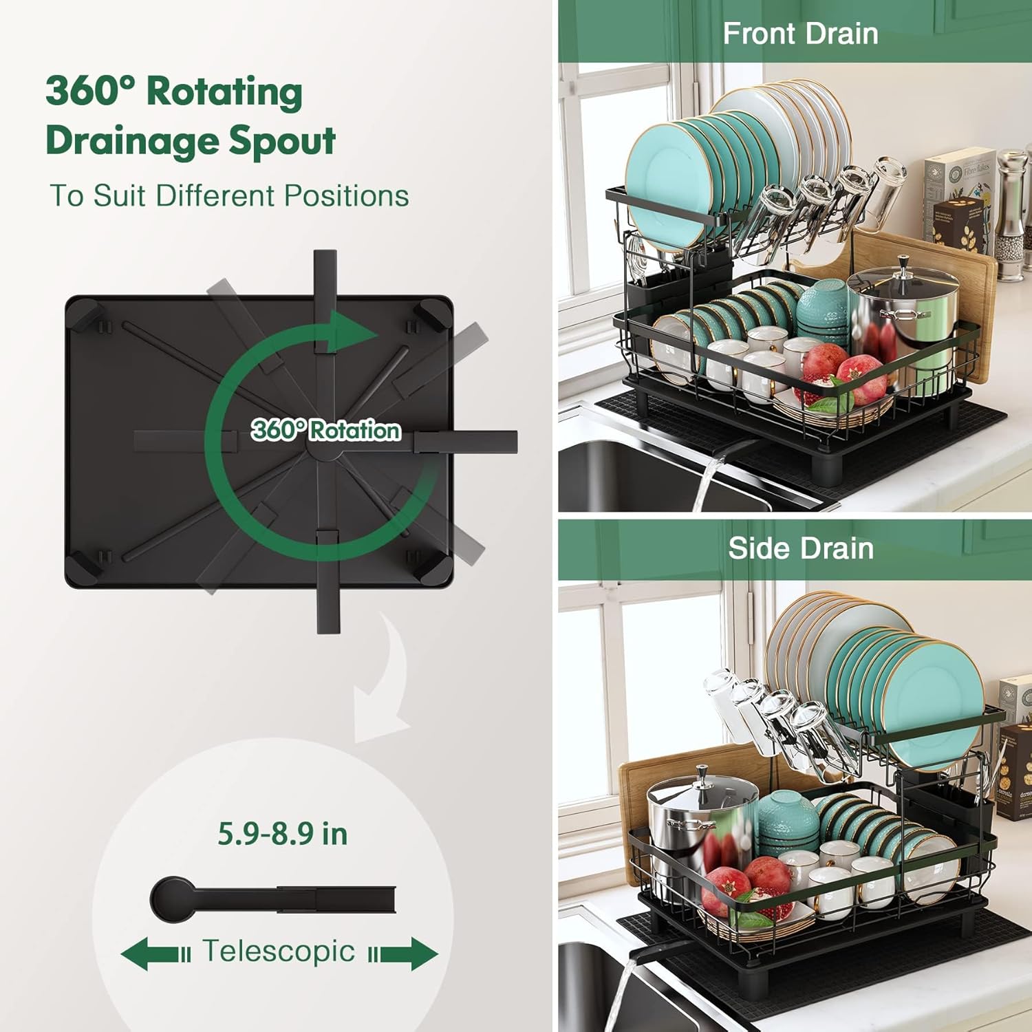 Imagen de MAJALiS Escurreplatos Acero Inoxidable con Drenaje, Escurridor de Platos con desagüe Automático de Cocina, Escurridor Platos con Soporte para Utensilios, Tabla de Cortar, Portavasos, 2 Niveles, Negro