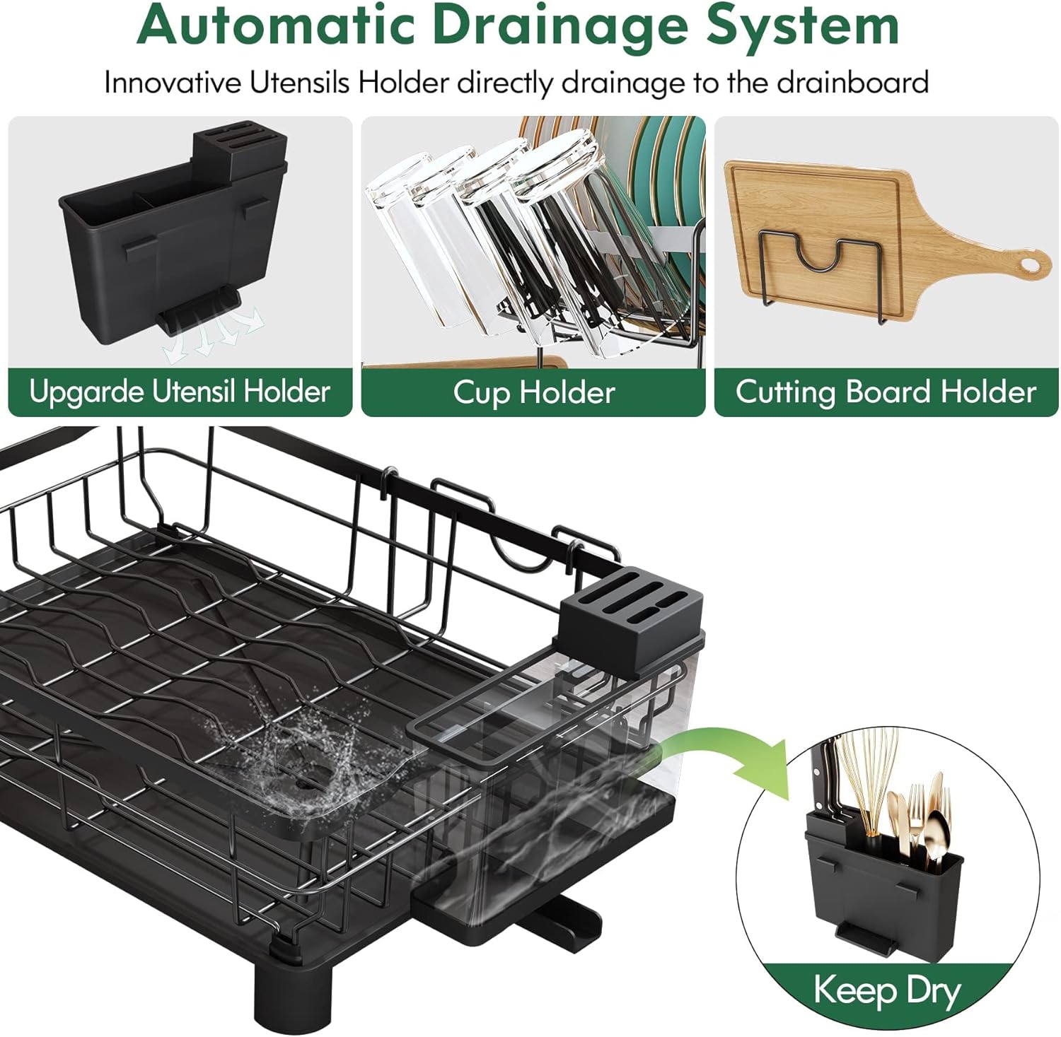 Imagen de MAJALiS Escurreplatos Acero Inoxidable con Drenaje, Escurridor de Platos con desagüe Automático de Cocina, Escurridor Platos con Soporte para Utensilios, Tabla de Cortar, Portavasos, 2 Niveles, Negro