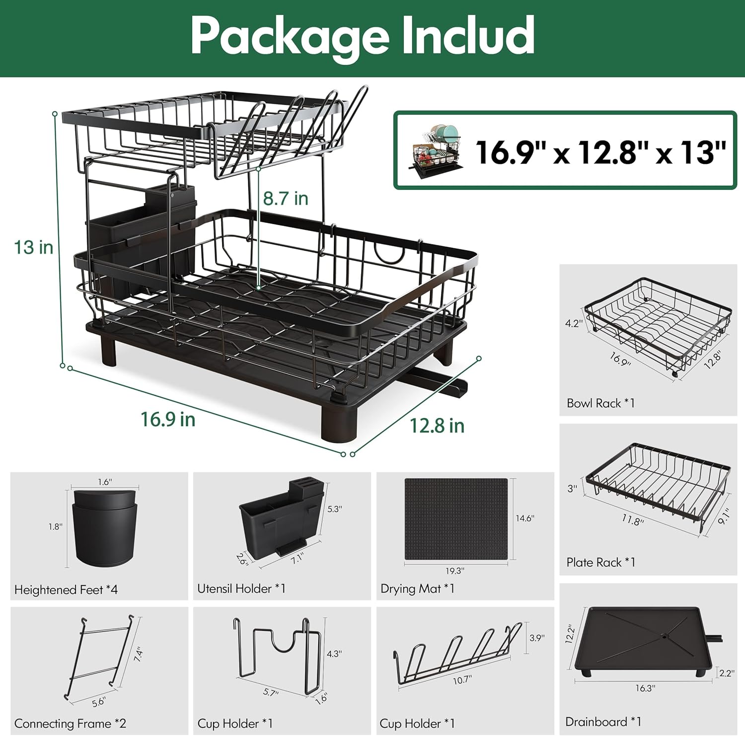 Imagen de MAJALiS Escurreplatos Acero Inoxidable con Drenaje, Escurridor de Platos con desagüe Automático de Cocina, Escurridor Platos con Soporte para Utensilios, Tabla de Cortar, Portavasos, 2 Niveles, Negro