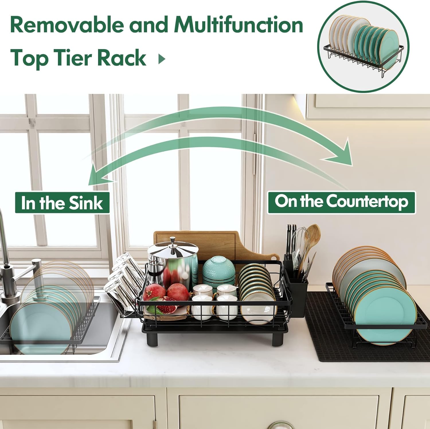 Imagen de MAJALiS Escurreplatos Acero Inoxidable con Drenaje, Escurridor de Platos con desagüe Automático de Cocina, Escurridor Platos con Soporte para Utensilios, Tabla de Cortar, Portavasos, 2 Niveles, Negro