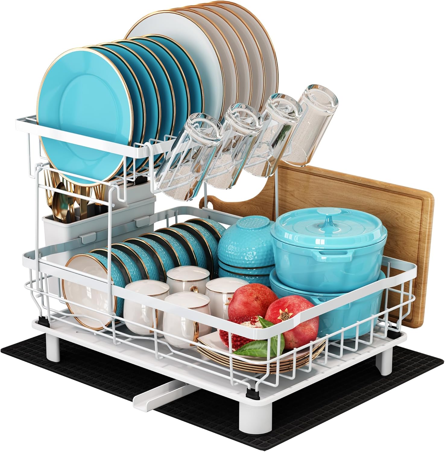 Imagen de MAJALiS Escurreplatos Acero Inoxidable con Drenaje, Escurridor de Platos con desagüe Automático de Cocina, Escurridor Platos con Soporte para Utensilios, Tabla de Cortar, Portavasos, 2 Niveles, Negro