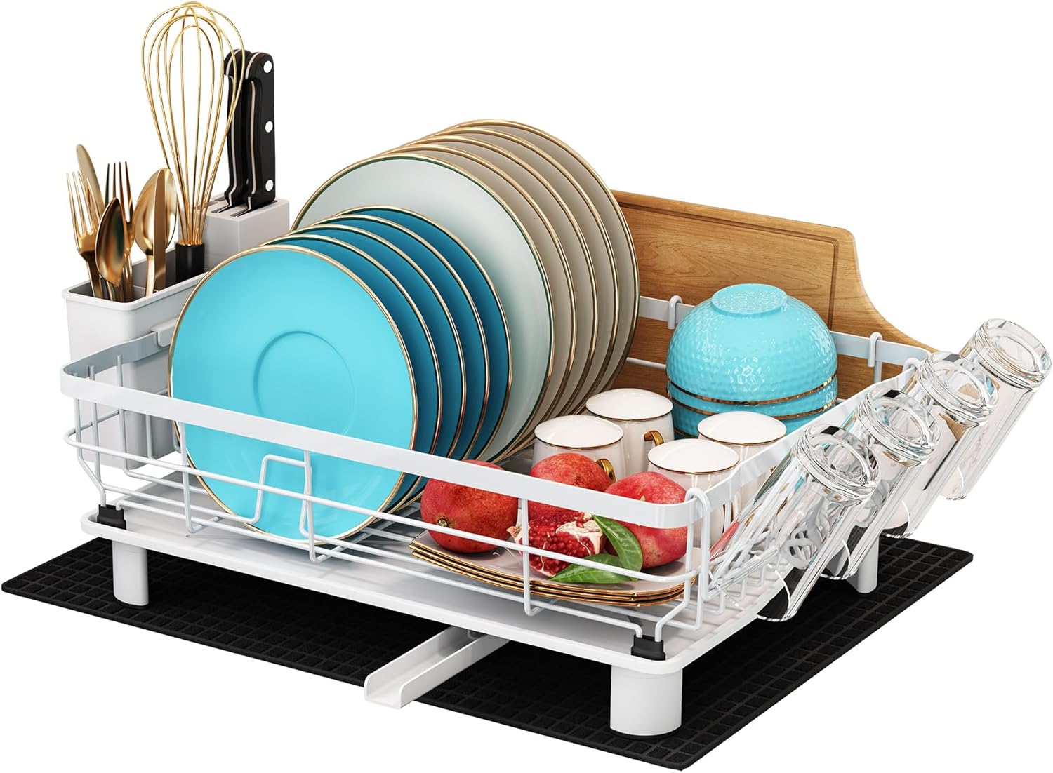 Imagen de MAJALiS Escurreplatos Acero Inoxidable con Drenaje, Escurridor de Platos con desagüe Automático de Cocina, Escurridor Platos con Soporte para Utensilios, Tabla de Cortar, Portavasos, 2 Niveles, Negro