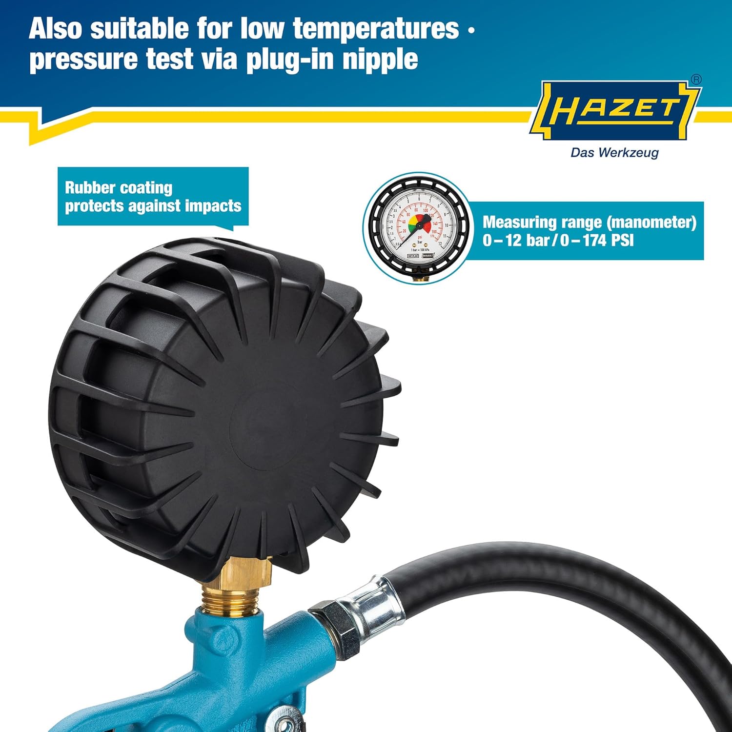 Imagen de Manómetro de presión de neumáticos HAZET 9041-1 I Rango de medición: 0-12 bar, longitud de la manguera: 400 mm, diámetro: 63 mm I Manómetro de presión de neumáticos para coches, motos y mucho más