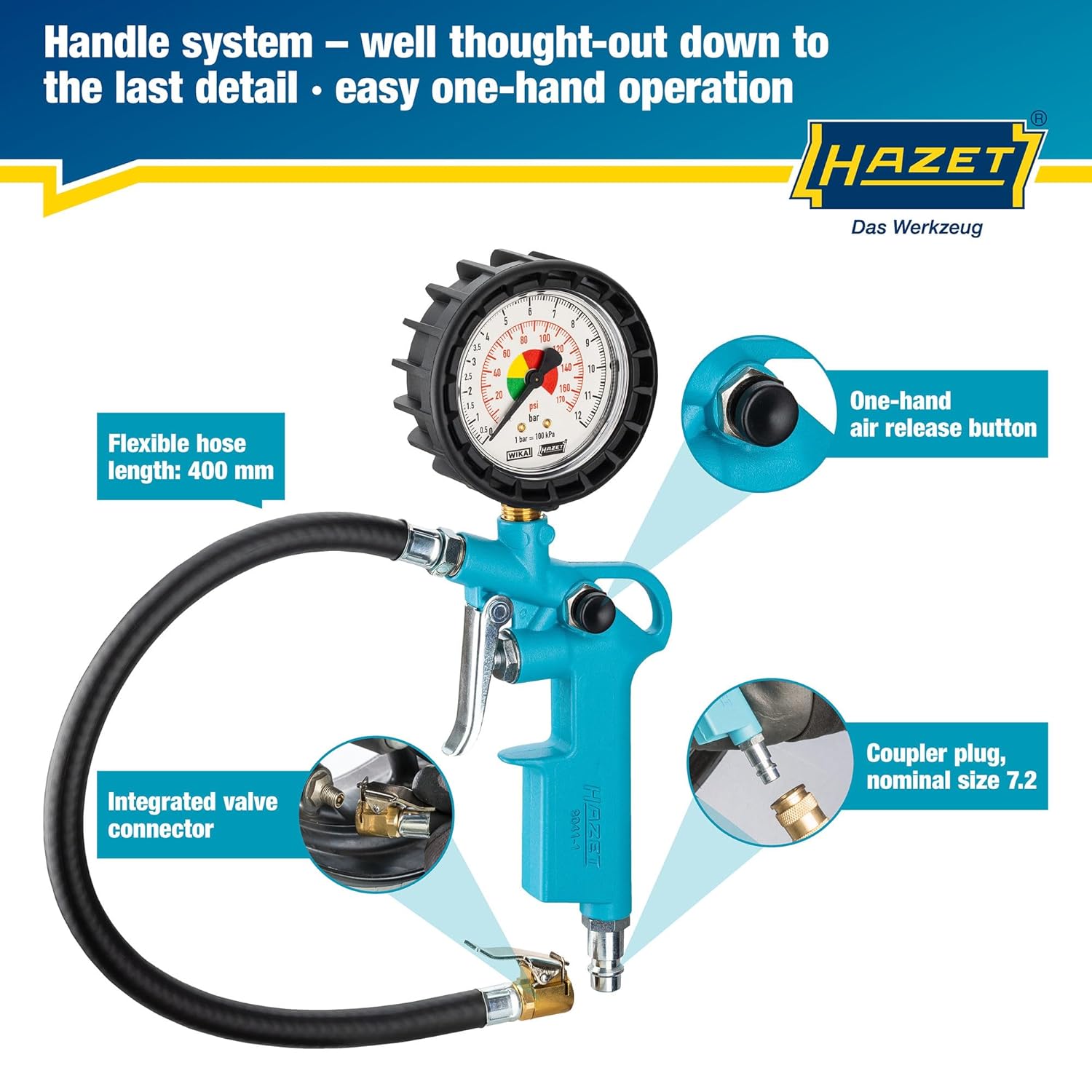 Imagen de Manómetro de presión de neumáticos HAZET 9041-1 I Rango de medición: 0-12 bar, longitud de la manguera: 400 mm, diámetro: 63 mm I Manómetro de presión de neumáticos para coches, motos y mucho más