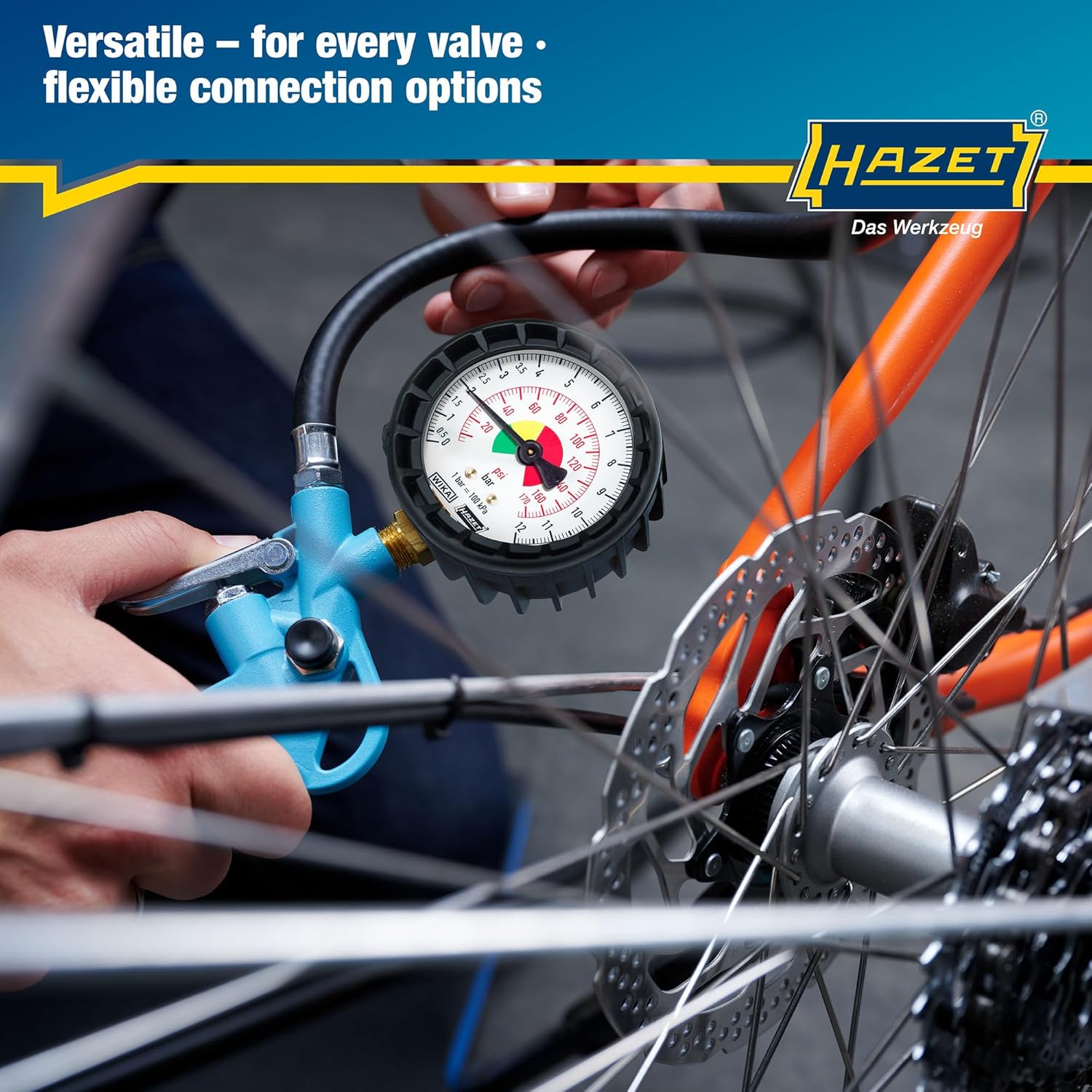 Imagen de Manómetro de presión de neumáticos HAZET 9041-1 I Rango de medición: 0-12 bar, longitud de la manguera: 400 mm, diámetro: 63 mm I Manómetro de presión de neumáticos para coches, motos y mucho más