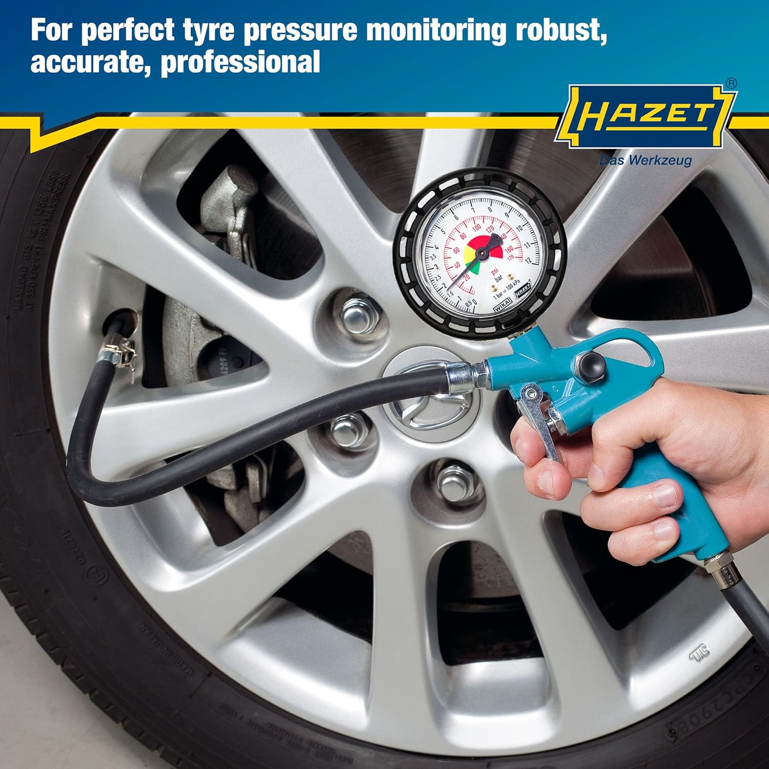 Imagen de Manómetro de presión de neumáticos HAZET 9041-1 I Rango de medición: 0-12 bar, longitud de la manguera: 400 mm, diámetro: 63 mm I Manómetro de presión de neumáticos para coches, motos y mucho más
