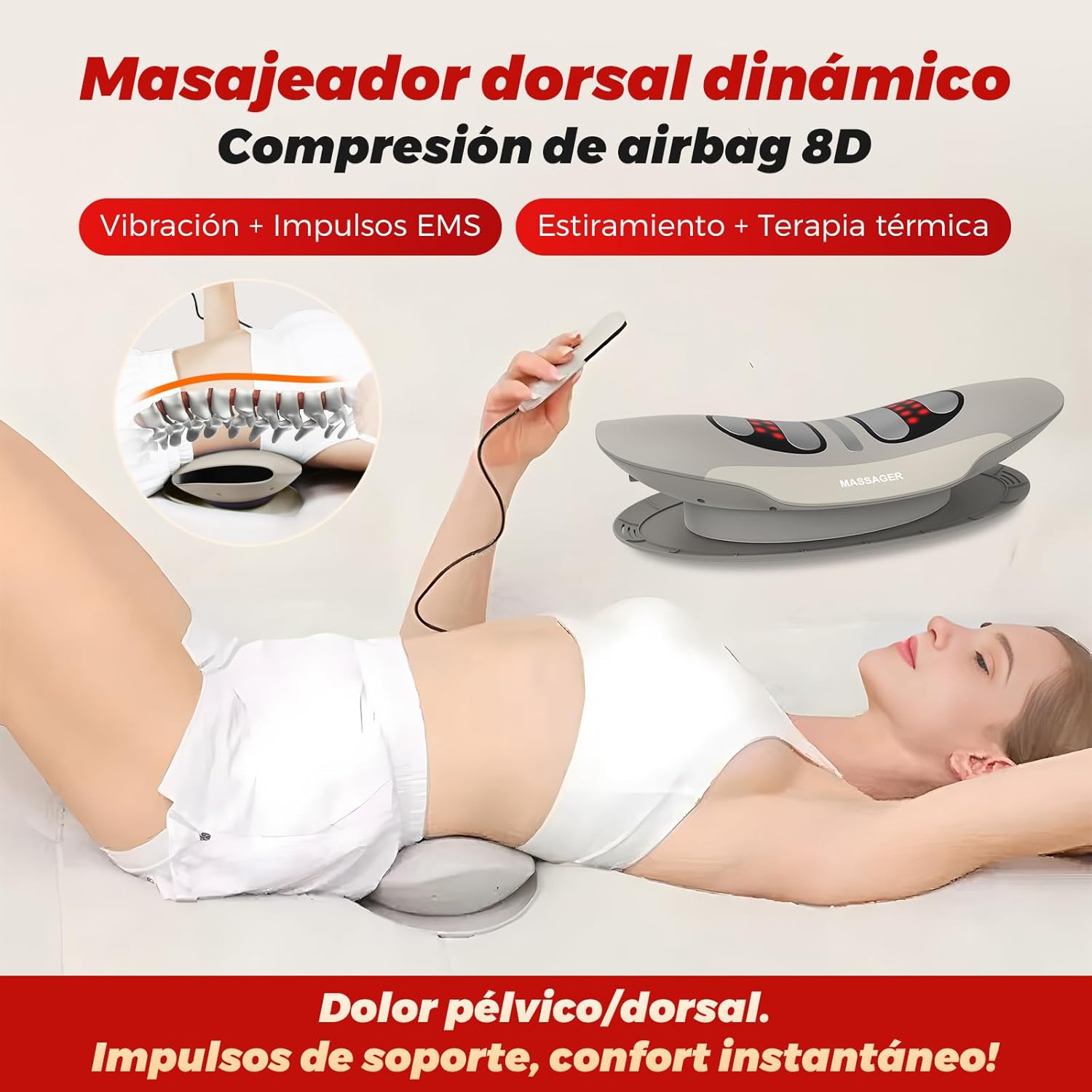 Imagen de Masajeador de tracción lumbar con calor, vibración, función de curvatura, masajeador de espalda con calor y pulso EMS, masajeador lumbar con vibración, cojín de aire y mando a distancia