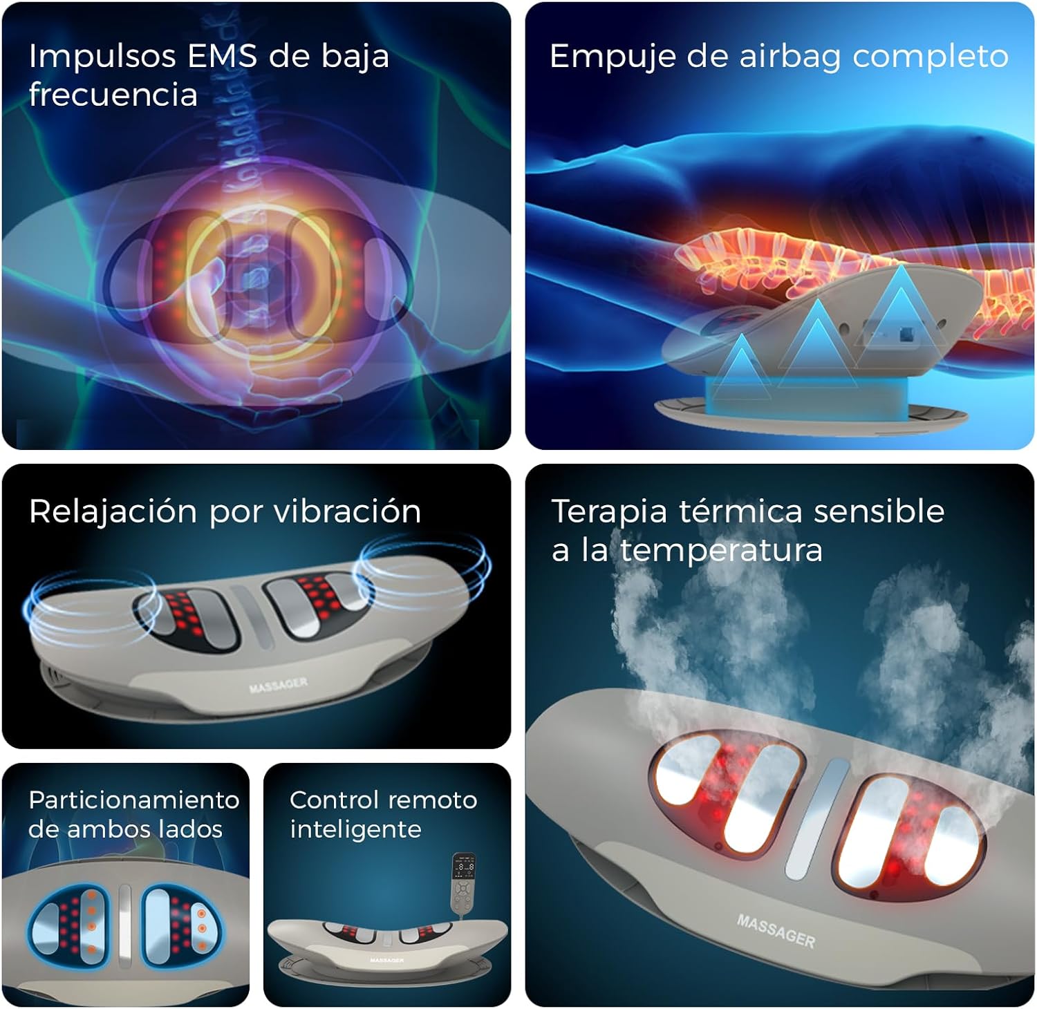 Imagen de Masajeador de tracción lumbar con calor, vibración, función de curvatura, masajeador de espalda con calor y pulso EMS, masajeador lumbar con vibración, cojín de aire y mando a distancia