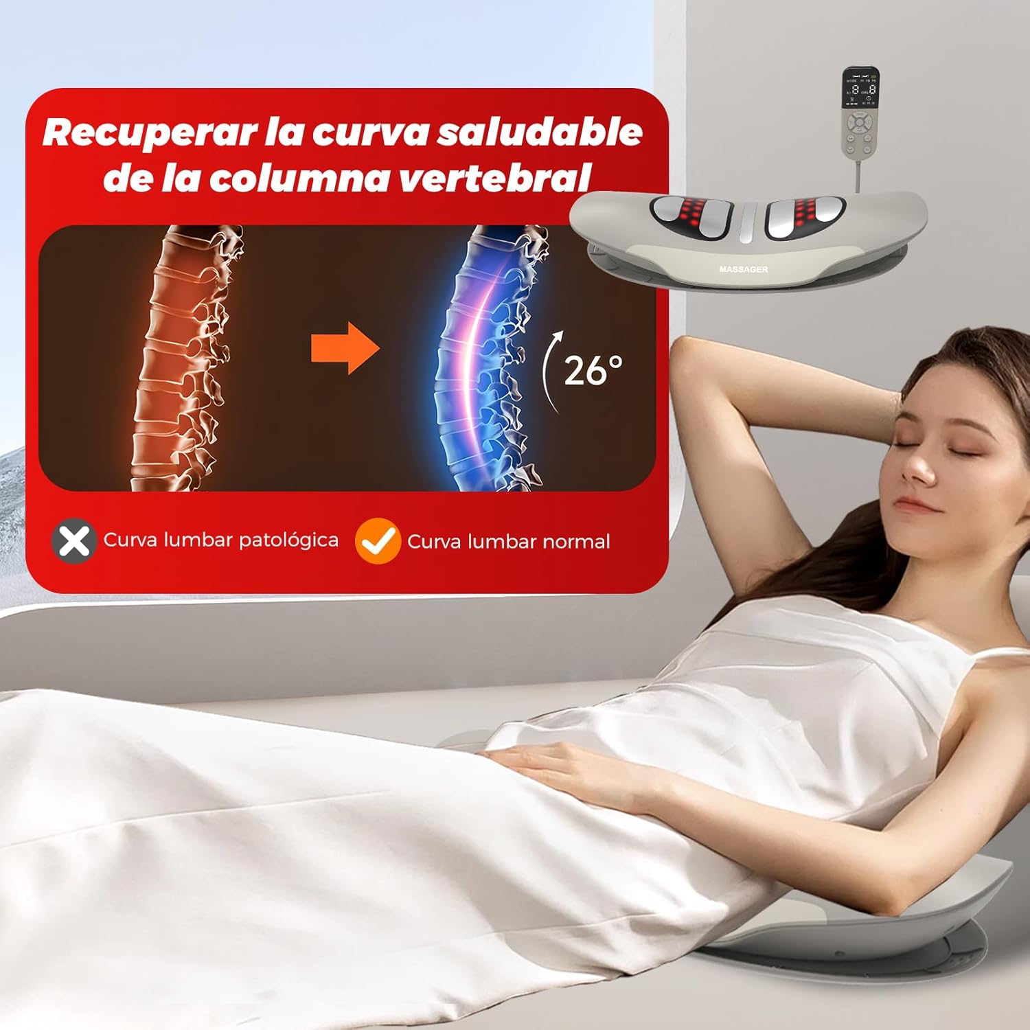 Imagen de Masajeador de tracción lumbar con calor, vibración, función de curvatura, masajeador de espalda con calor y pulso EMS, masajeador lumbar con vibración, cojín de aire y mando a distancia