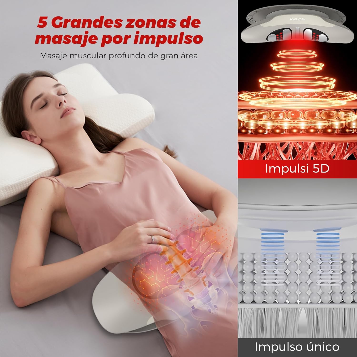 Imagen de Masajeador de tracción lumbar con calor, vibración, función de curvatura, masajeador de espalda con calor y pulso EMS, masajeador lumbar con vibración, cojín de aire y mando a distancia