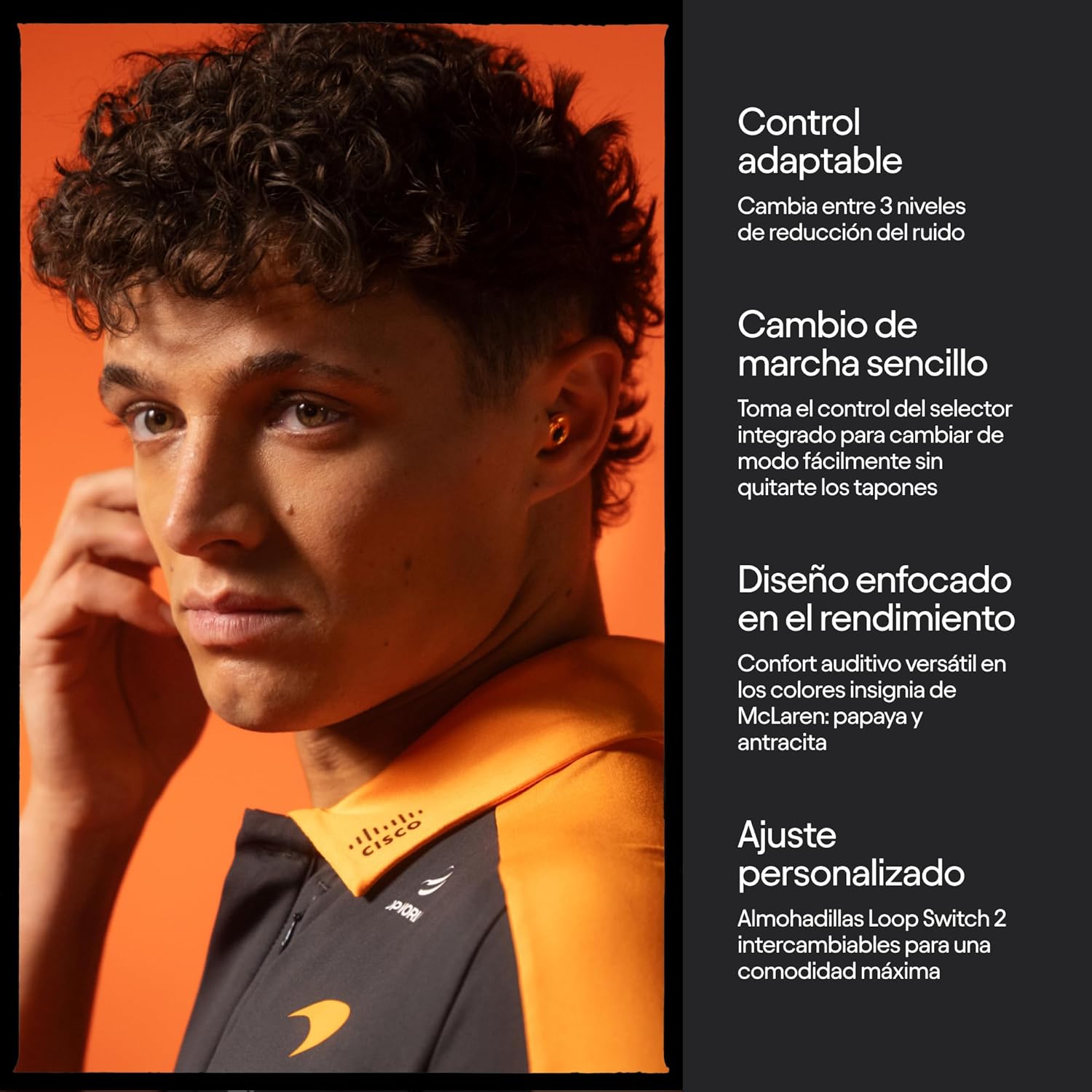 Imagen de McLaren Formula 1 Team x Loop Switch 2 Tapones ajustables - 3 modos para un control total | Reducción del ruido para concentrarse, viajar, deportes de motor | Reducción del ruido de 20-26 dB (SNR)