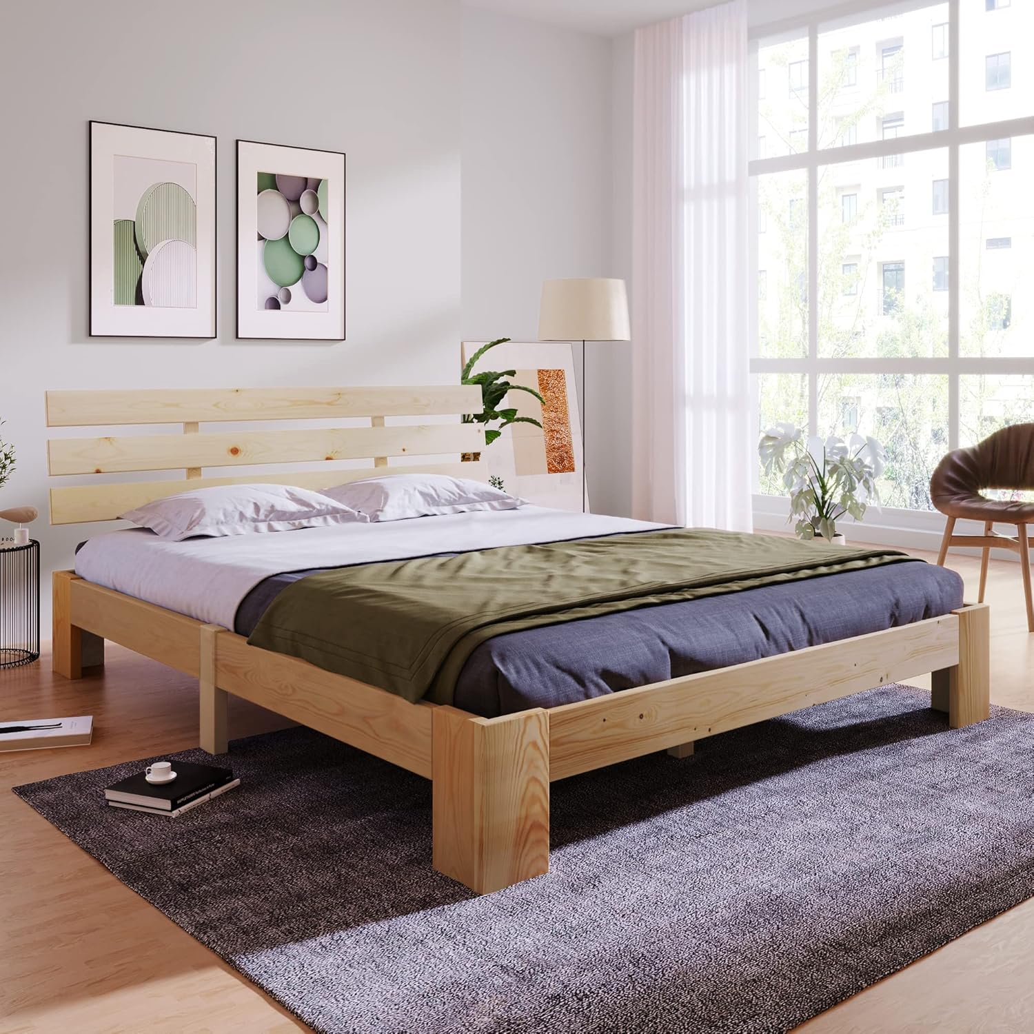 Merax Cama de Madera Maciza, Cama Doble, Marco de Cama