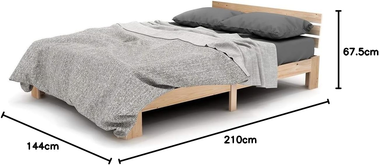 Imagen de Merax Cama de Madera Maciza, Cama Doble, Marco de Cama de Madera con cabecero y somier, 140 x 200 cm, Soporte de Listones de Madera, Espacio Debajo de la Cama, Muebles de Dormitorio, Color Roble