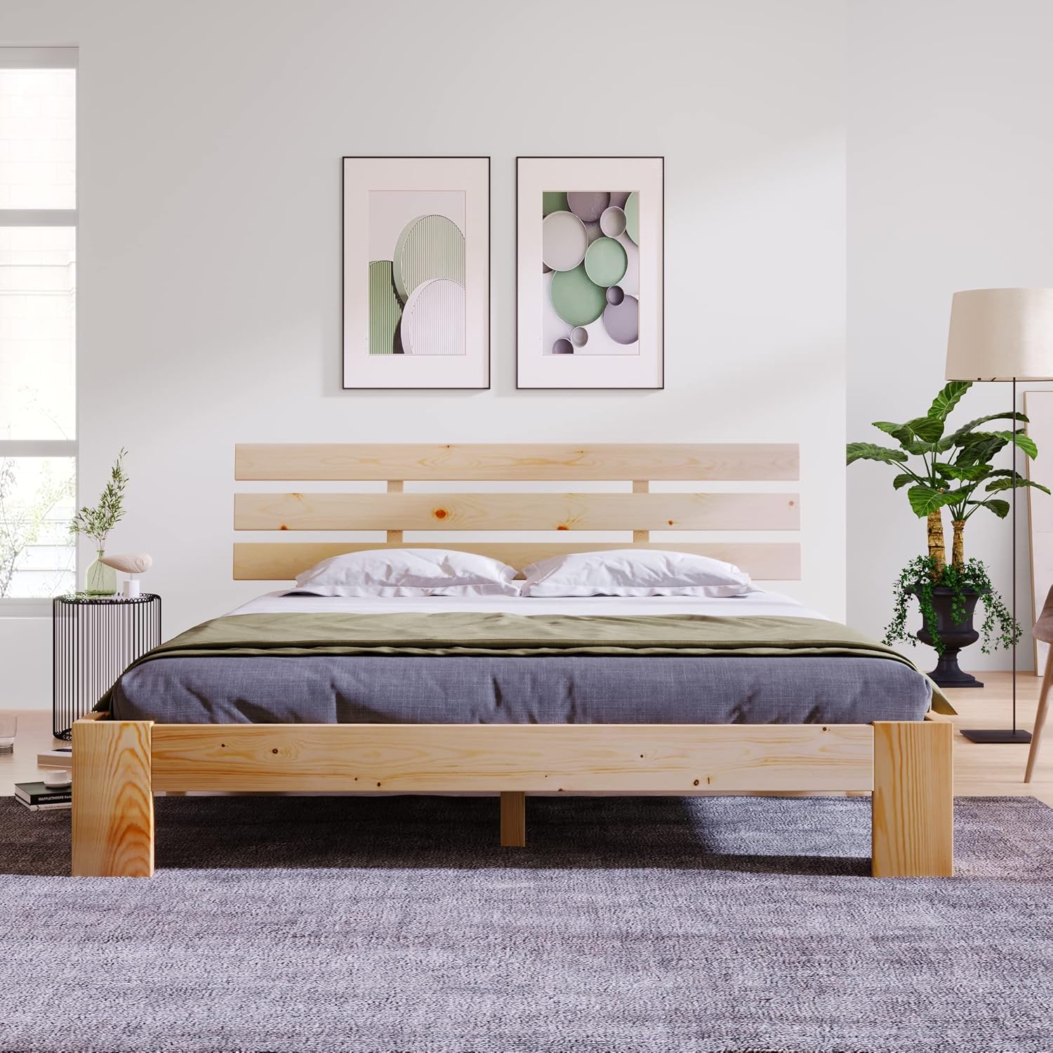 Imagen de Merax Cama de Madera Maciza, Cama Doble, Marco de Cama de Madera con cabecero y somier, 140 x 200 cm, Soporte de Listones de Madera, Espacio Debajo de la Cama, Muebles de Dormitorio, Color Roble
