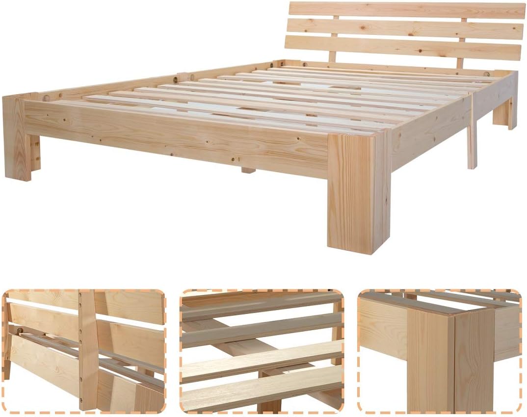 Imagen de Merax Cama de Madera Maciza, Cama Doble, Marco de Cama de Madera con cabecero y somier, 140 x 200 cm, Soporte de Listones de Madera, Espacio Debajo de la Cama, Muebles de Dormitorio, Color Roble