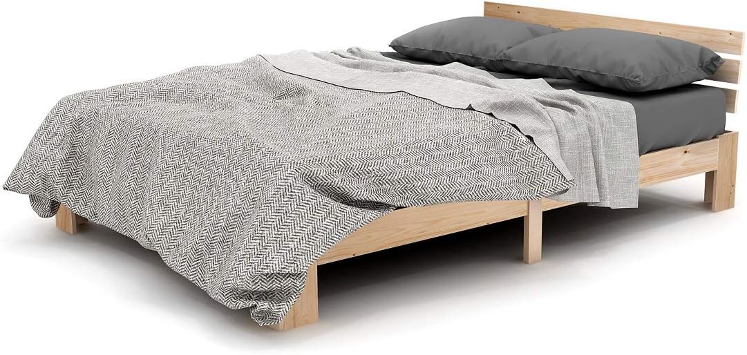 Imagen de Merax Cama de Madera Maciza, Cama Doble, Marco de Cama de Madera con cabecero y somier, 140 x 200 cm, Soporte de Listones de Madera, Espacio Debajo de la Cama, Muebles de Dormitorio, Color Roble