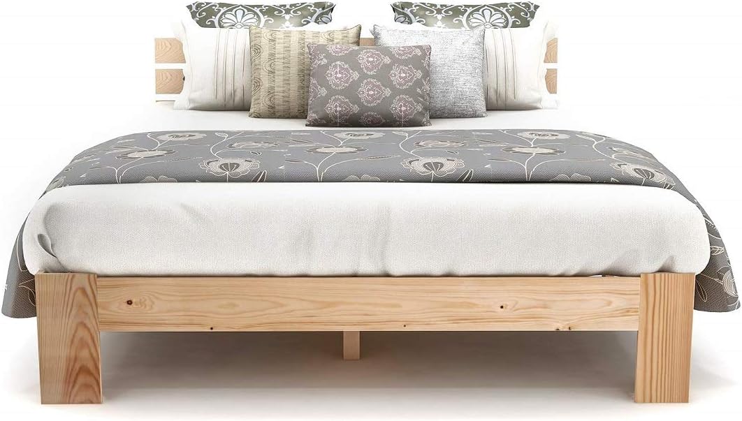 Imagen de Merax Cama de Madera Maciza, Cama Doble, Marco de Cama de Madera con cabecero y somier, 140 x 200 cm, Soporte de Listones de Madera, Espacio Debajo de la Cama, Muebles de Dormitorio, Color Roble