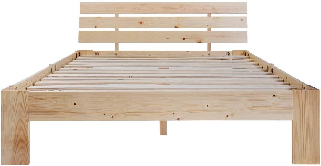 Imagen de Merax Cama de Madera Maciza, Cama Doble, Marco de Cama de Madera con cabecero y somier, 140 x 200 cm, Soporte de Listones de Madera, Espacio Debajo de la Cama, Muebles de Dormitorio, Color Roble