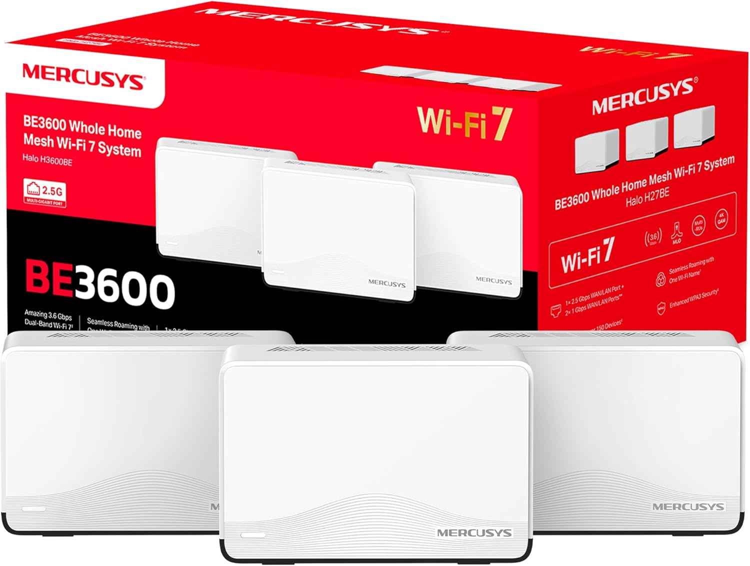 Imagen de Mercusys HALO H1900G - AC1900 Mesh Wi-Fi, Doble Banda, Cobertura hasta 550 m², 3× Gigabit Puerto por Unidad, MU-MIMO, Beamforming, Control Parental, Smart Connect, 3-Pack