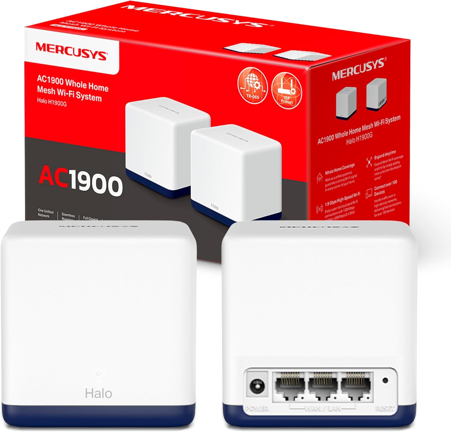 Imagen de Mercusys HALO H1900G - AC1900 Mesh Wi-Fi, Doble Banda, Cobertura hasta 550 m², 3× Gigabit Puerto por Unidad, MU-MIMO, Beamforming, Control Parental, Smart Connect, 3-Pack