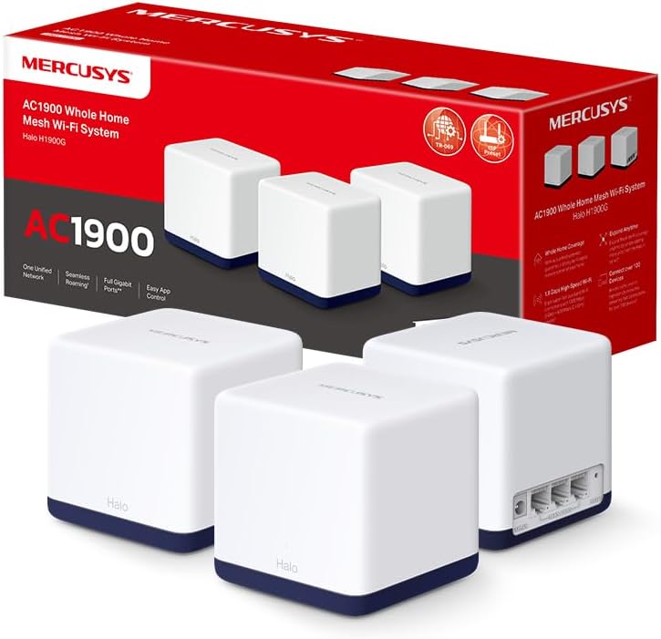 Imagen de Mercusys HALO H1900G - AC1900 Mesh Wi-Fi, Doble Banda, Cobertura hasta 550 m², 3× Gigabit Puerto por Unidad, MU-MIMO, Beamforming, Control Parental, Smart Connect, 3-Pack