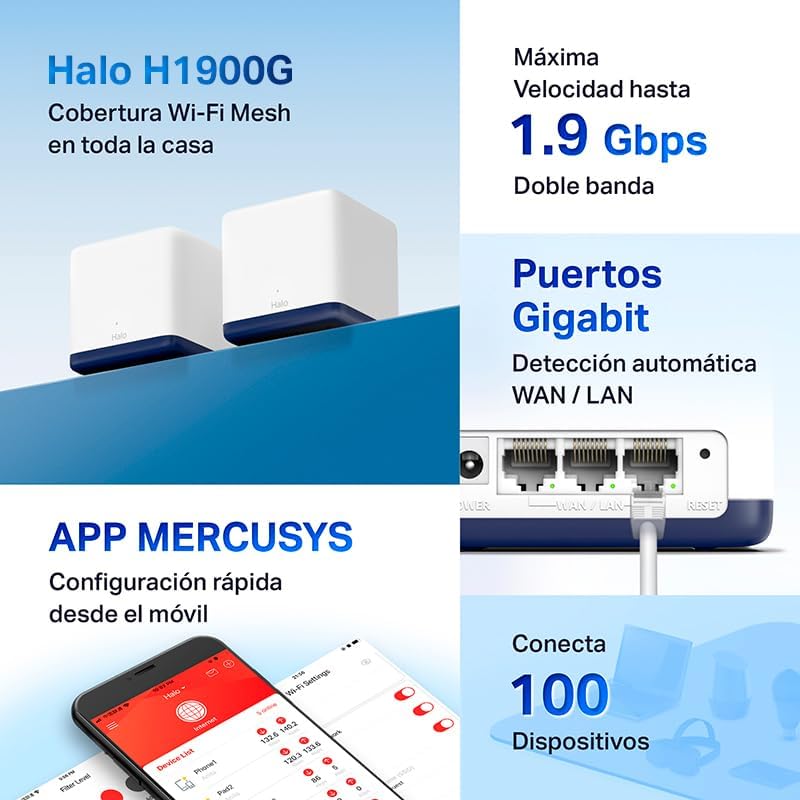 Imagen de Mercusys HALO H1900G - AC1900 Mesh Wi-Fi, Doble Banda, Cobertura hasta 550 m², 3× Gigabit Puerto por Unidad, MU-MIMO, Beamforming, Control Parental, Smart Connect, 3-Pack
