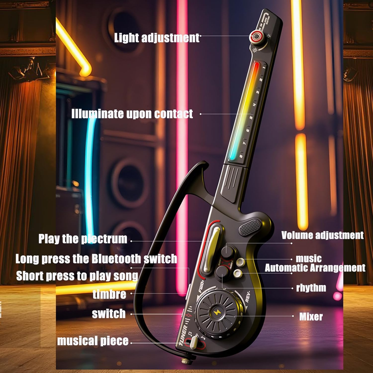 Imagen de Mezclador de DJ multifuncional, guitarra sin cuerdas, conexión Bluetooth plegable, teclado electrónico de bajo inteligente, instrumento infantil (negro)