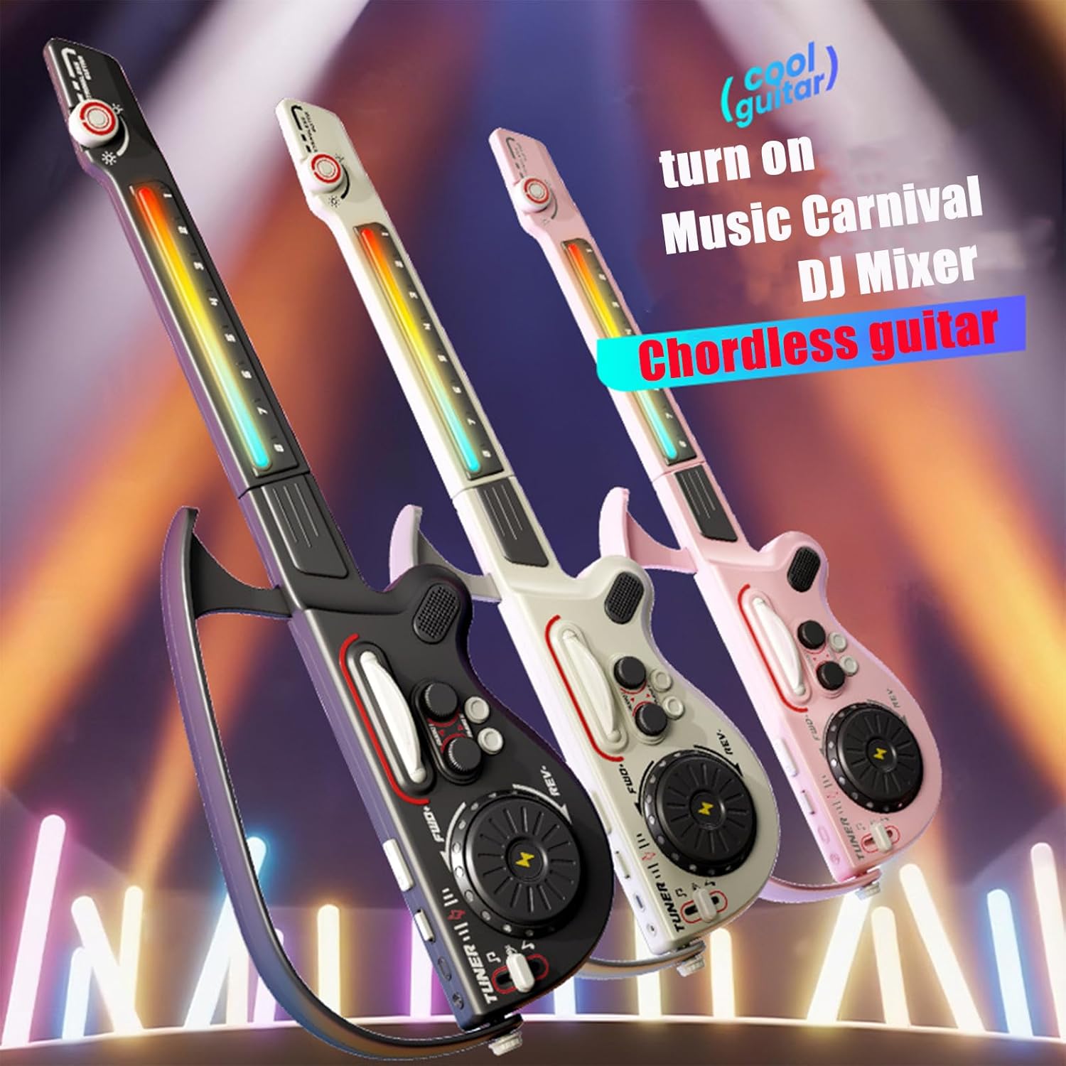 Imagen de Mezclador de DJ multifuncional, guitarra sin cuerdas, conexión Bluetooth plegable, teclado electrónico de bajo inteligente, instrumento infantil (negro)