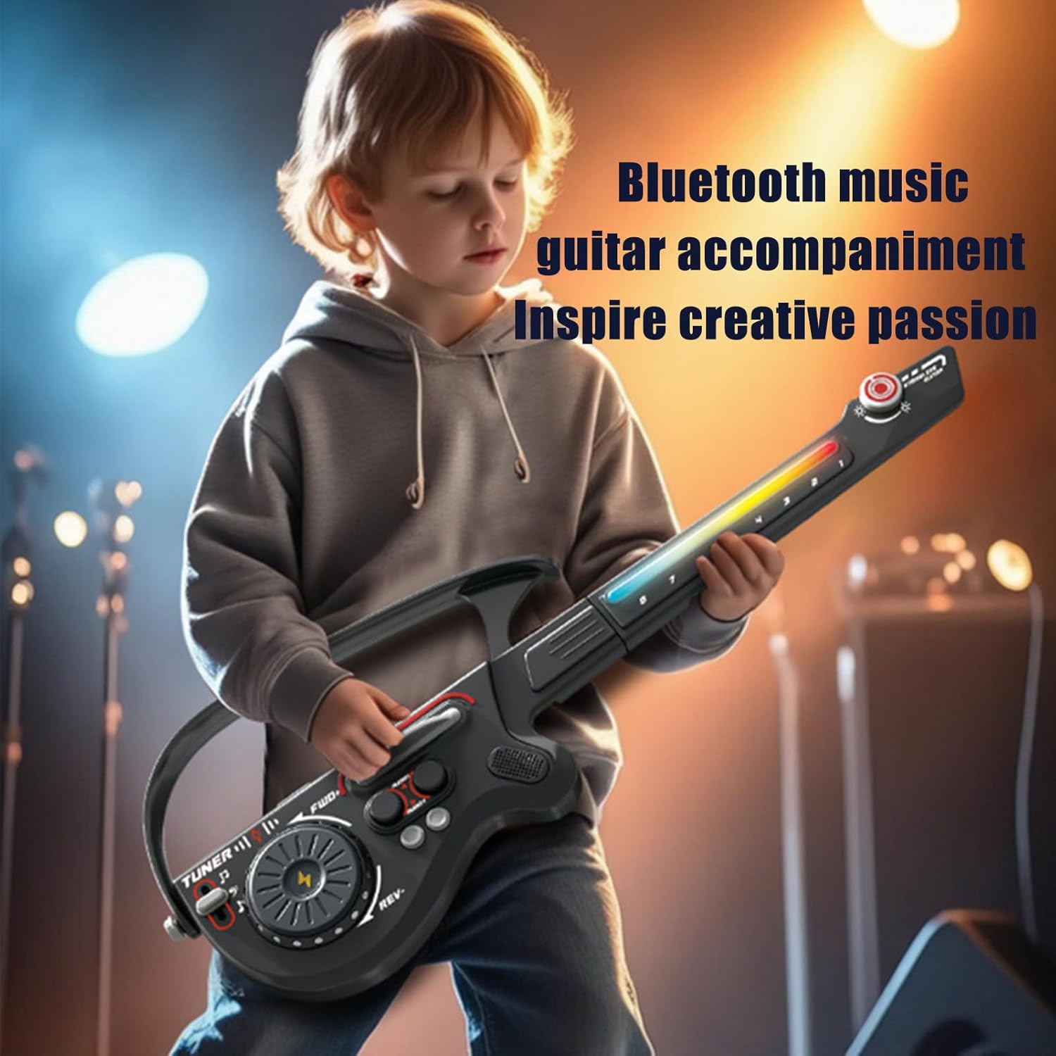 Imagen de Mezclador de DJ multifuncional, guitarra sin cuerdas, conexión Bluetooth plegable, teclado electrónico de bajo inteligente, instrumento infantil (negro)