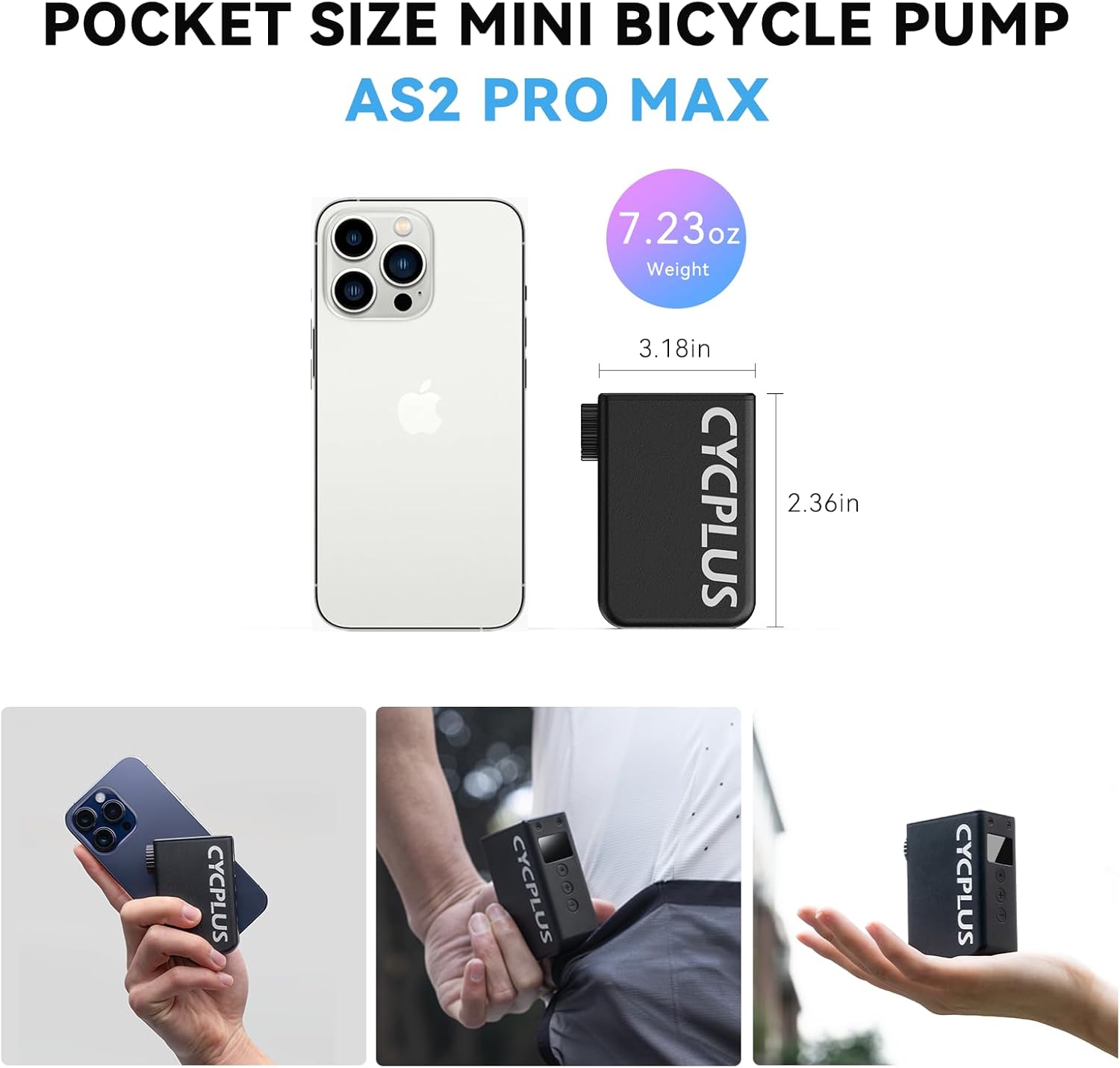 Imagen de Mini Bomba Tiny CYCPLUS, hasta 120 PSI, Recargable e Inalámbrica, Auto Stop, Válvulas Presta y Schrader para E-Bike, MTB, Ciudad y Carretera - AS2 Pro MAX (Actualización 2025)