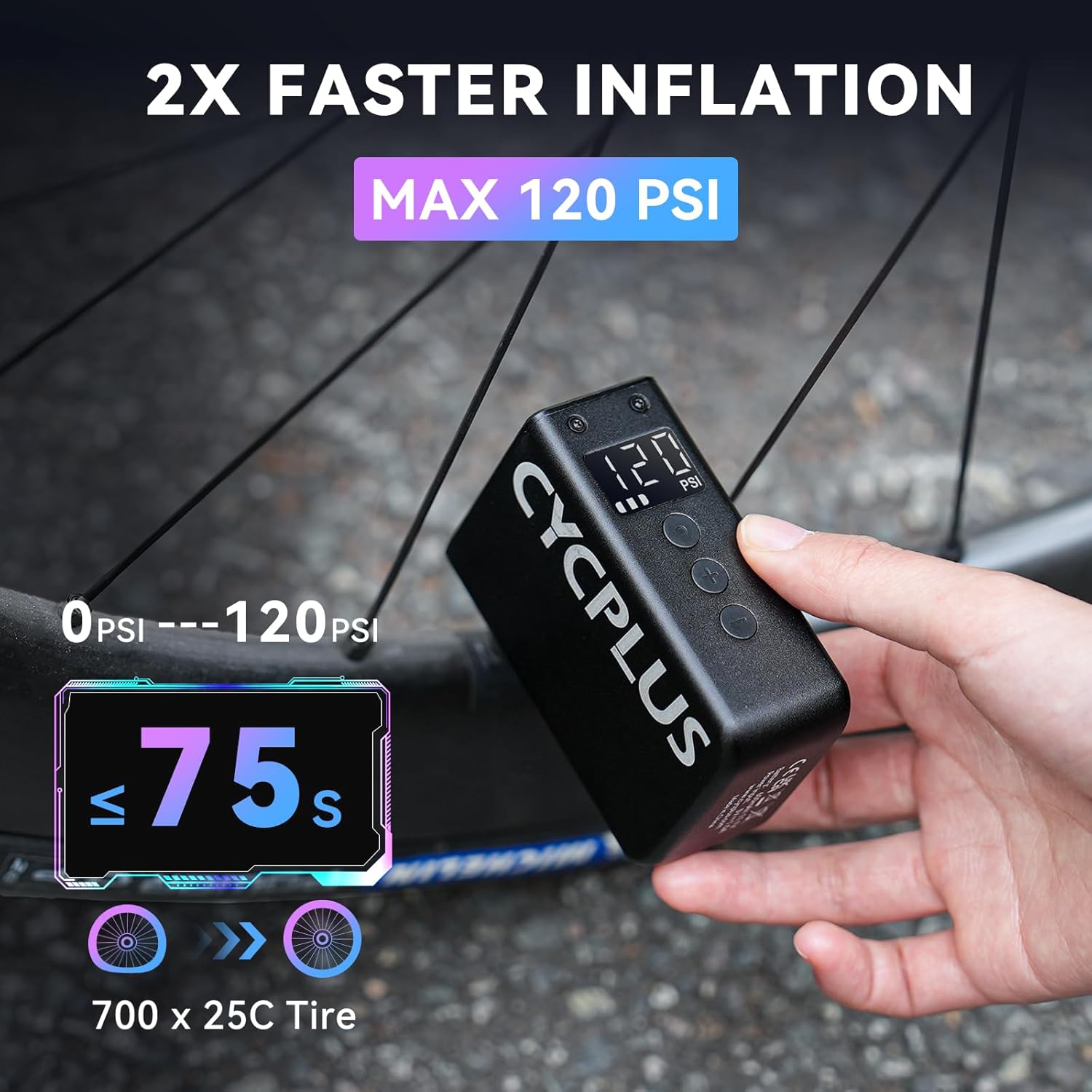 Imagen de Mini Bomba Tiny CYCPLUS, hasta 120 PSI, Recargable e Inalámbrica, Auto Stop, Válvulas Presta y Schrader para E-Bike, MTB, Ciudad y Carretera - AS2 Pro MAX (Actualización 2025)
