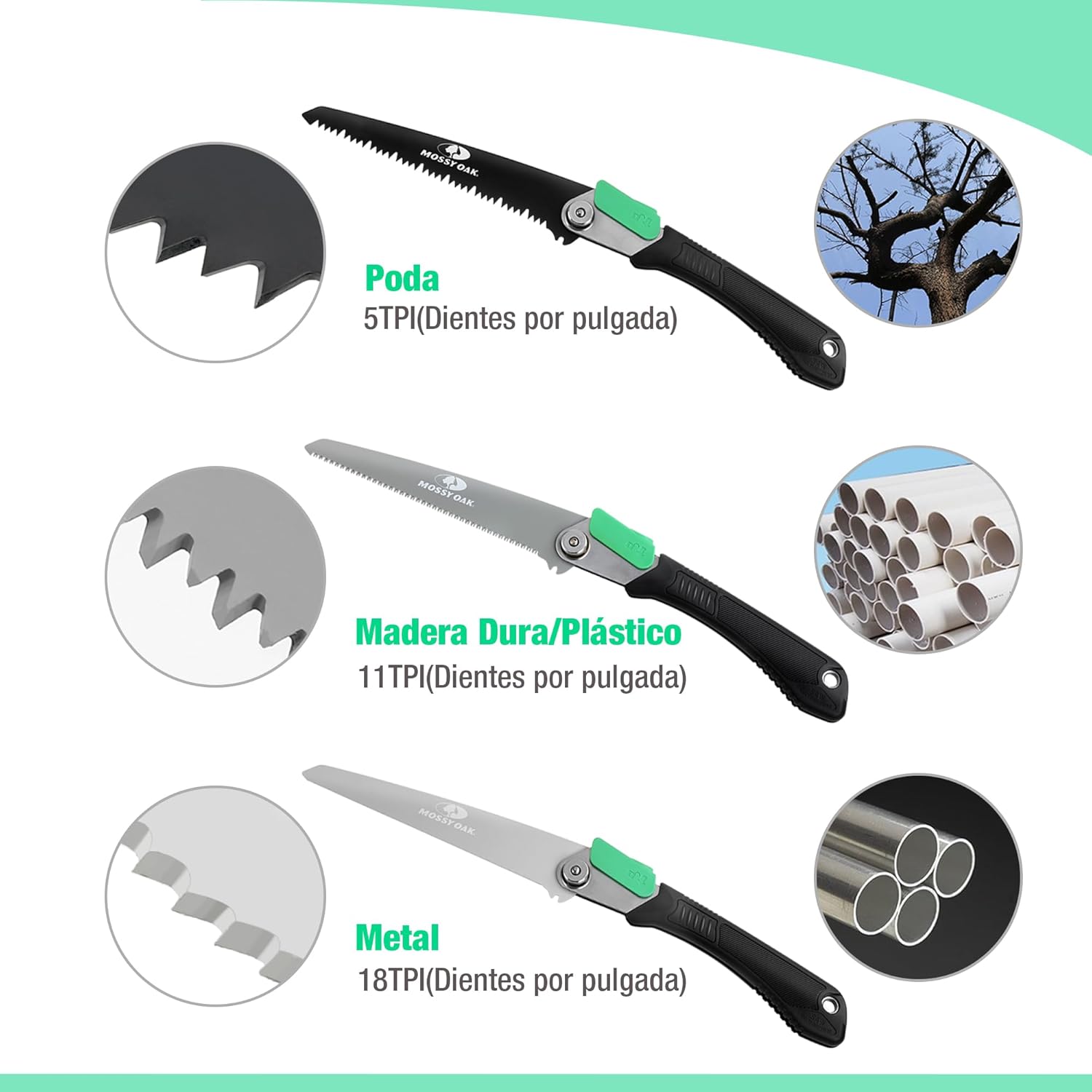 Imagen de Mossy Oak Sierra de Podar 3 en 1, Sierra Plegable con Cuchillos de Madera, Métal y Plástico, Serrucho Plegable con Bolsa de Organizador, para Poda, Jardinería, Madera, Tubos, Metal