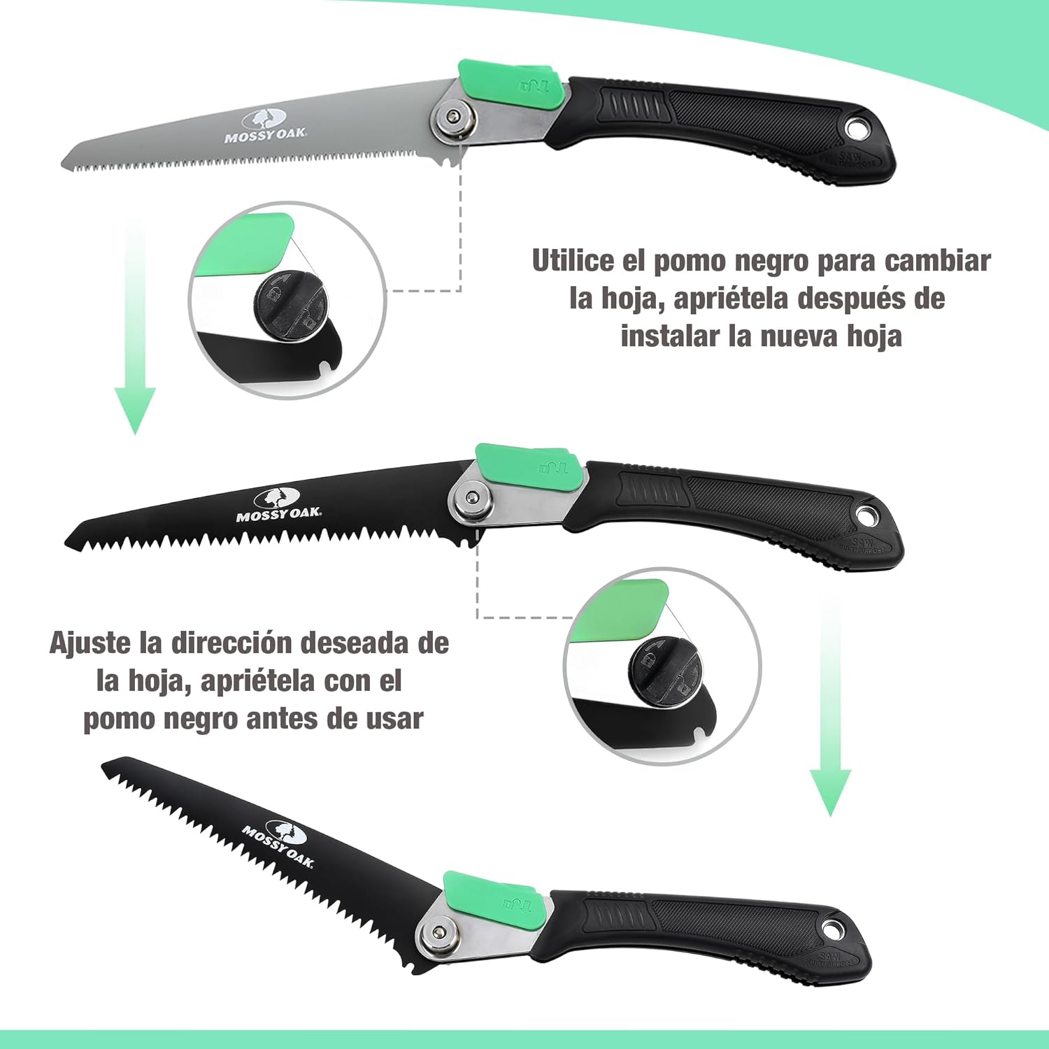 Imagen de Mossy Oak Sierra de Podar 3 en 1, Sierra Plegable con Cuchillos de Madera, Métal y Plástico, Serrucho Plegable con Bolsa de Organizador, para Poda, Jardinería, Madera, Tubos, Metal