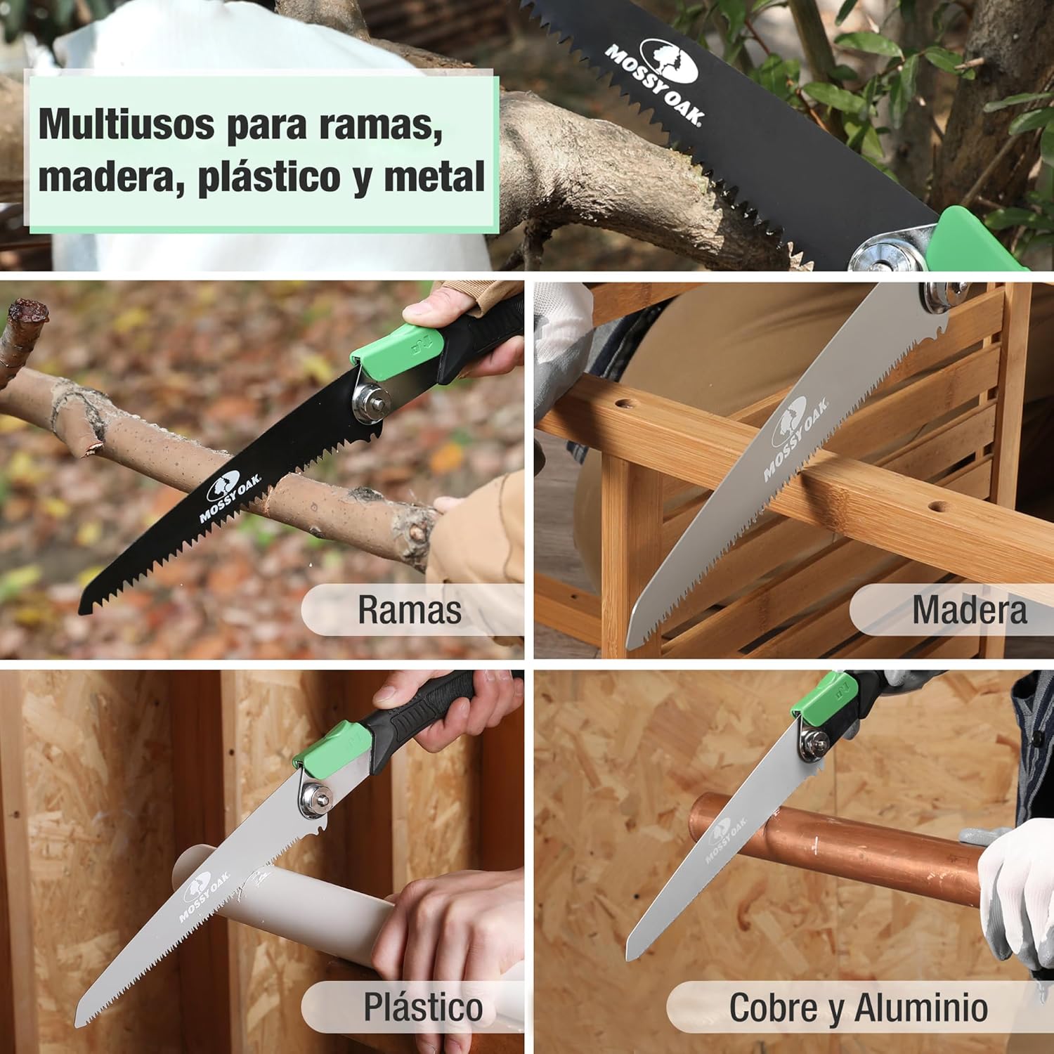Imagen de Mossy Oak Sierra de Podar 3 en 1, Sierra Plegable con Cuchillos de Madera, Métal y Plástico, Serrucho Plegable con Bolsa de Organizador, para Poda, Jardinería, Madera, Tubos, Metal