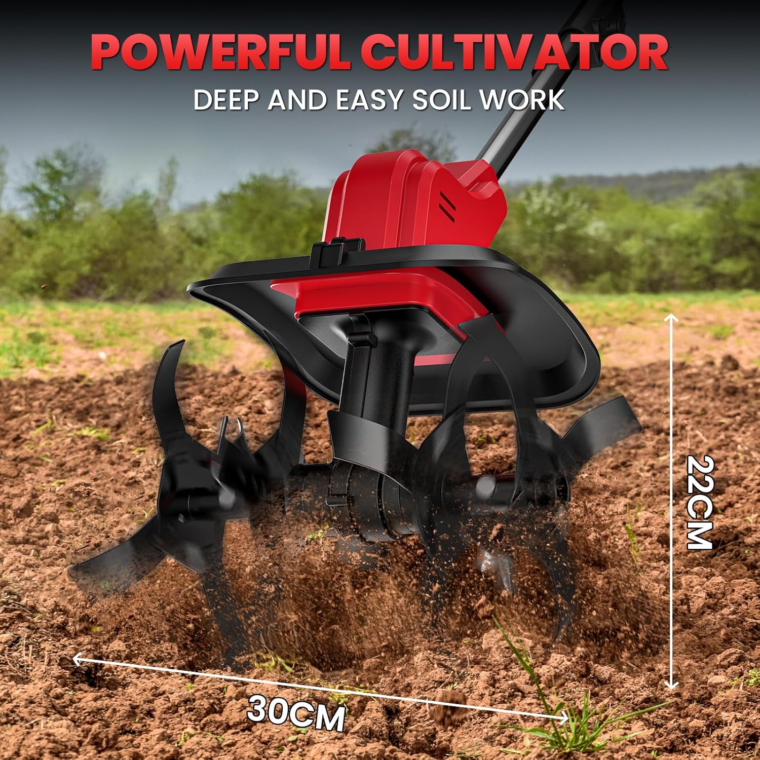 Imagen de Motoazada Eléctrica, Ancho de Corte 300mm, Profundidad 220mm, Motocultor Batería con 2 ×4.0Ah Batería, Rodillo Doble, Pantalla LED, Mango Plegable y Tres Tipos de Cuchillas, para Jardinería