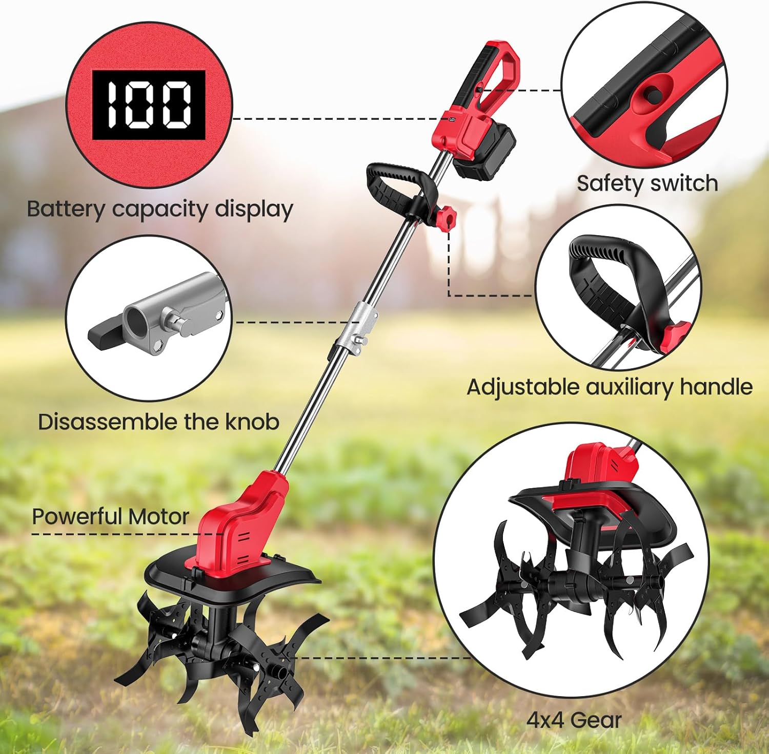 Imagen de Motoazada Eléctrica, Ancho de Corte 300mm, Profundidad 220mm, Motocultor Batería con 2 ×4.0Ah Batería, Rodillo Doble, Pantalla LED, Mango Plegable y Tres Tipos de Cuchillas, para Jardinería