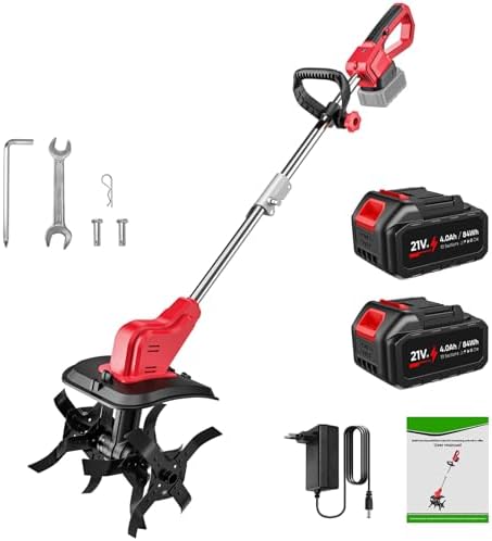 Imagen de Motoazada Eléctrica, Ancho de Corte 300mm, Profundidad 220mm, Motocultor Batería con 2 ×4.0Ah Batería, Rodillo Doble, Pantalla LED, Mango Plegable y Tres Tipos de Cuchillas, para Jardinería