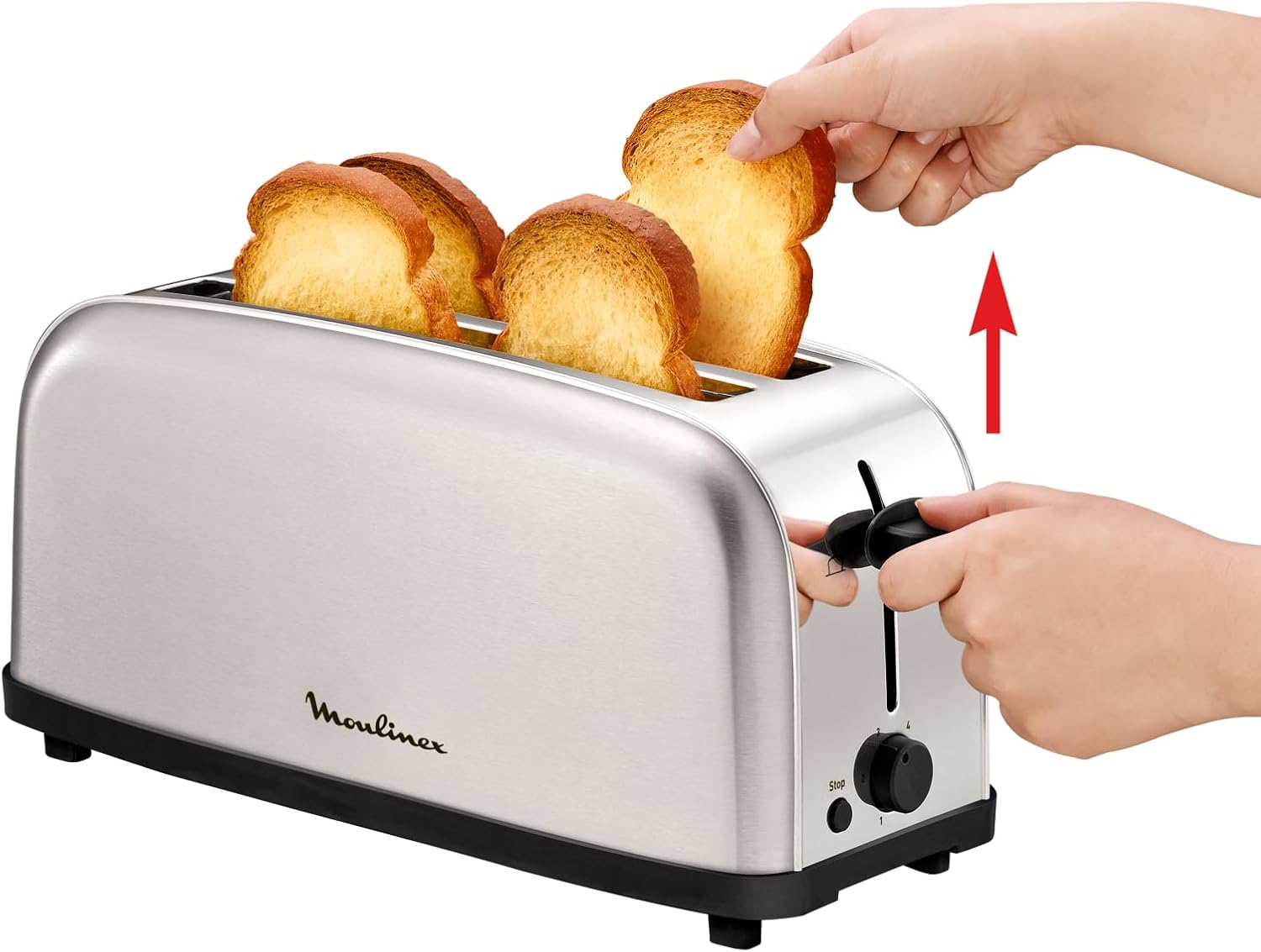 Imagen de Moulinex Classic, Tostador Acero Inoxidable, 2 Ranuras largas y anchas, 1400 W, 6 Posiciones Tostado, Función Stop, Bandeja Recogemigas, para Todo Tipo de Pan normal, molde, artesano, LS330D