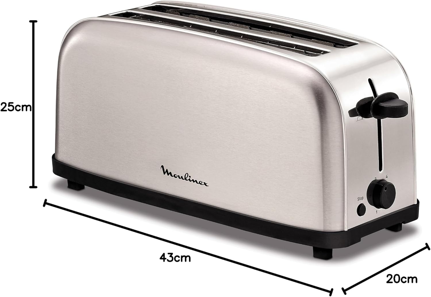 Imagen de Moulinex Classic, Tostador Acero Inoxidable, 2 Ranuras largas y anchas, 1400 W, 6 Posiciones Tostado, Función Stop, Bandeja Recogemigas, para Todo Tipo de Pan normal, molde, artesano, LS330D