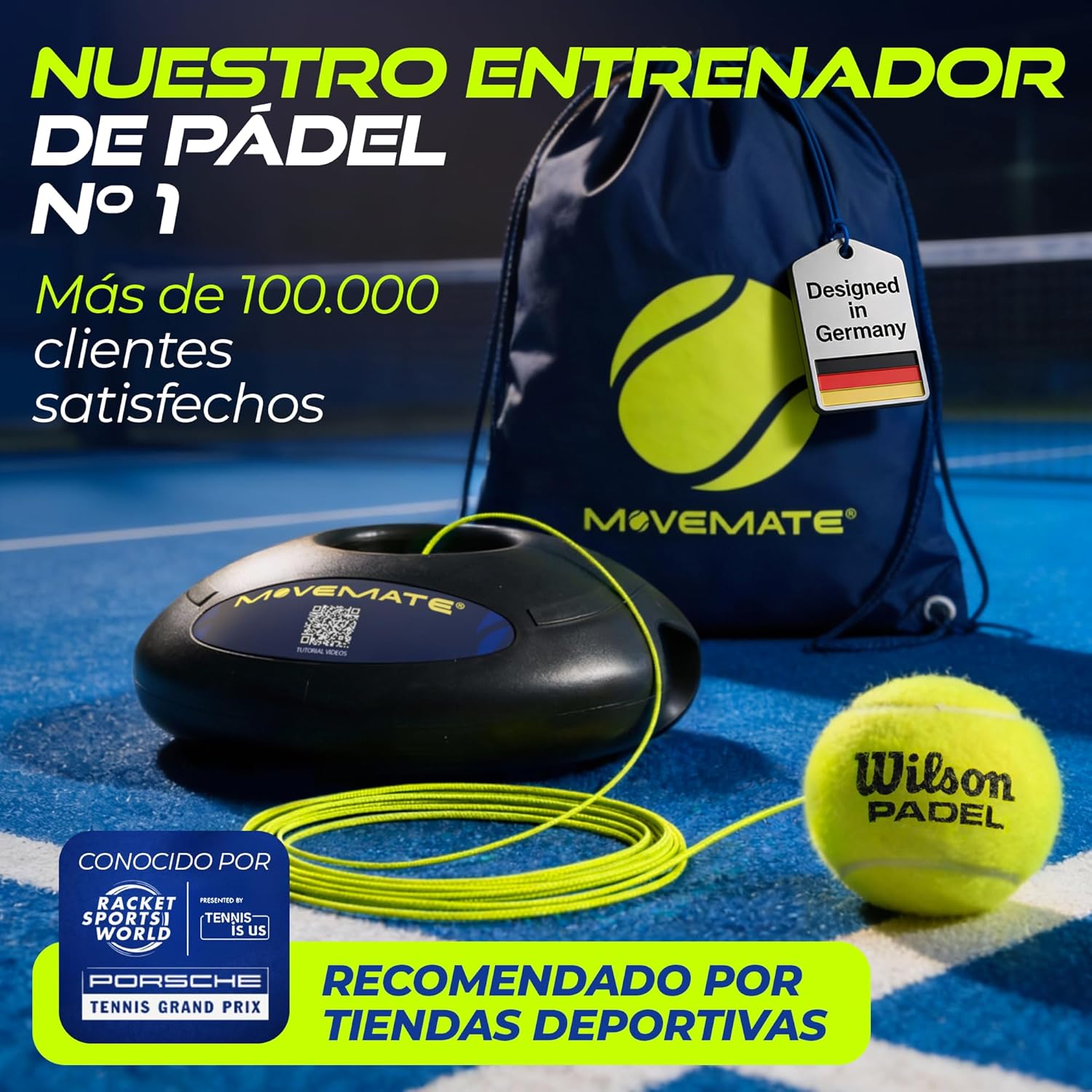 Imagen de MOVEMATE Dispositivo de Entrenamiento de Pádel/Tenis con Pelota Wilson® | Innovador Equipamiento Deportivo para Exteriores, en el Parque, en el jardín | con Bolsa de Transporte y vídeos de Ejercicios