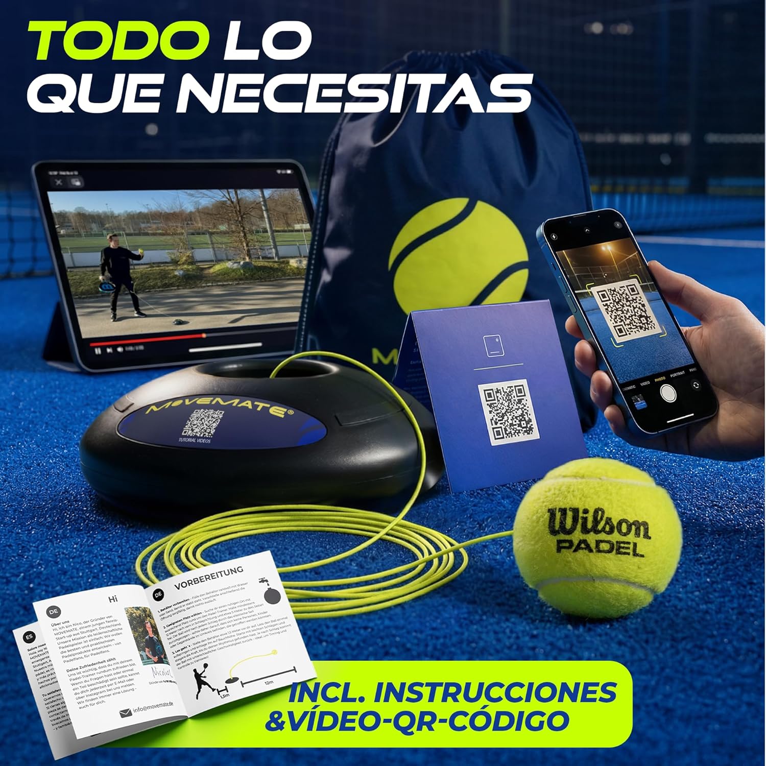 Imagen de MOVEMATE Dispositivo de Entrenamiento de Pádel/Tenis con Pelota Wilson® | Innovador Equipamiento Deportivo para Exteriores, en el Parque, en el jardín | con Bolsa de Transporte y vídeos de Ejercicios