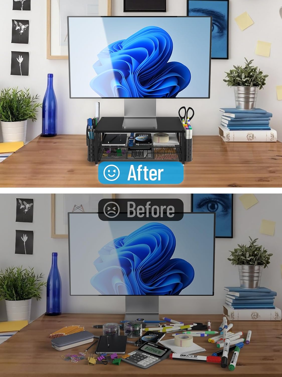 Imagen de MOWETOO Soporte para monitor con 2 niveles, soporte para impresora, soporte para monitor con plataforma de rejilla, cajón y soporte para bolígrafos, adecuado para portátiles, ordenadores, PC