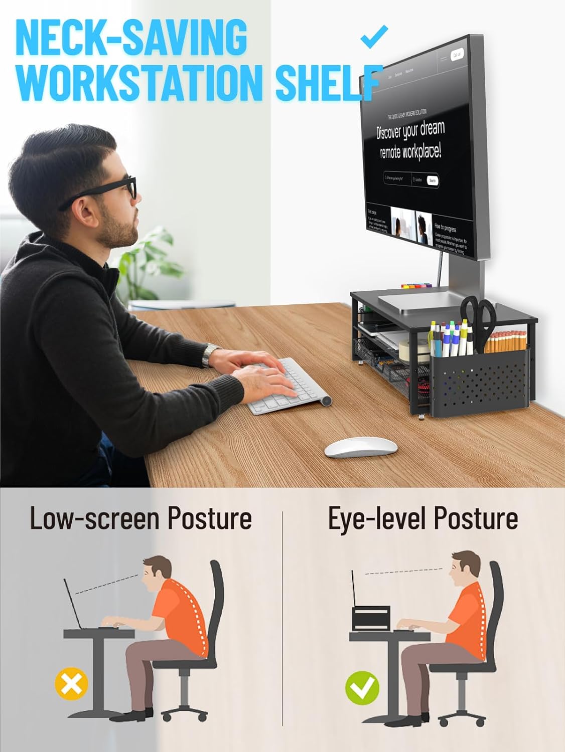 Imagen de MOWETOO Soporte para monitor con 2 niveles, soporte para impresora, soporte para monitor con plataforma de rejilla, cajón y soporte para bolígrafos, adecuado para portátiles, ordenadores, PC