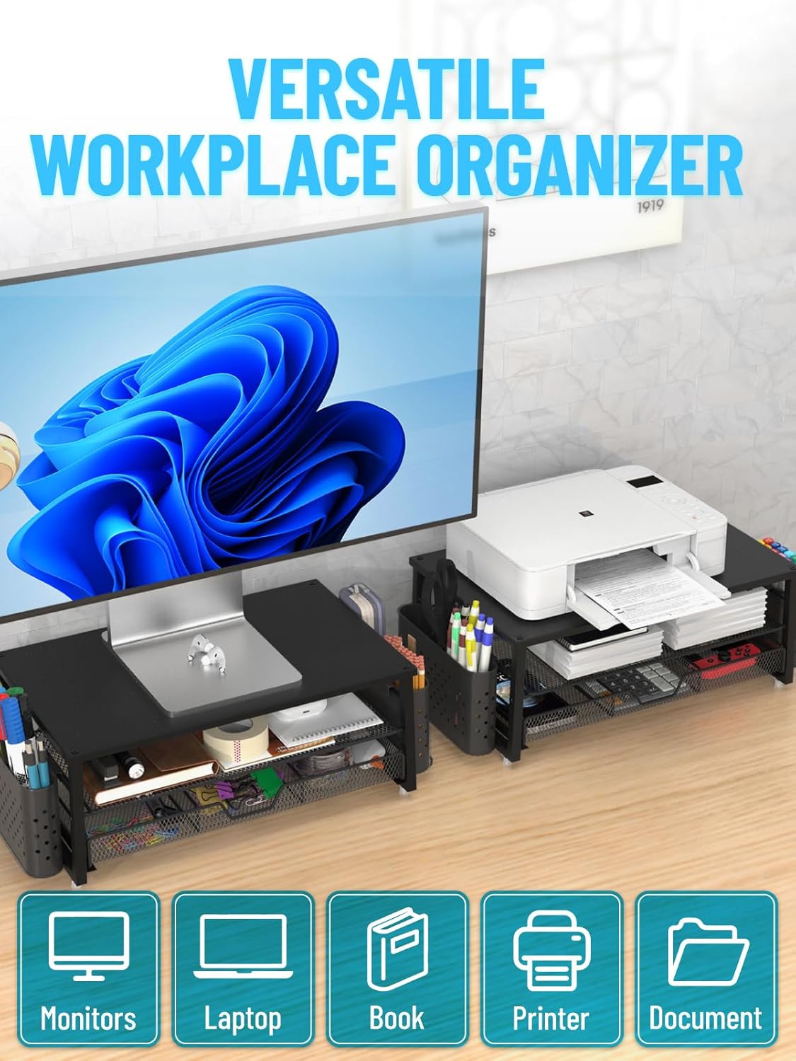 Imagen de MOWETOO Soporte para monitor con 2 niveles, soporte para impresora, soporte para monitor con plataforma de rejilla, cajón y soporte para bolígrafos, adecuado para portátiles, ordenadores, PC