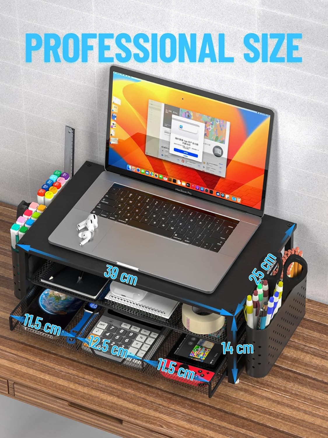 Imagen de MOWETOO Soporte para monitor con 2 niveles, soporte para impresora, soporte para monitor con plataforma de rejilla, cajón y soporte para bolígrafos, adecuado para portátiles, ordenadores, PC
