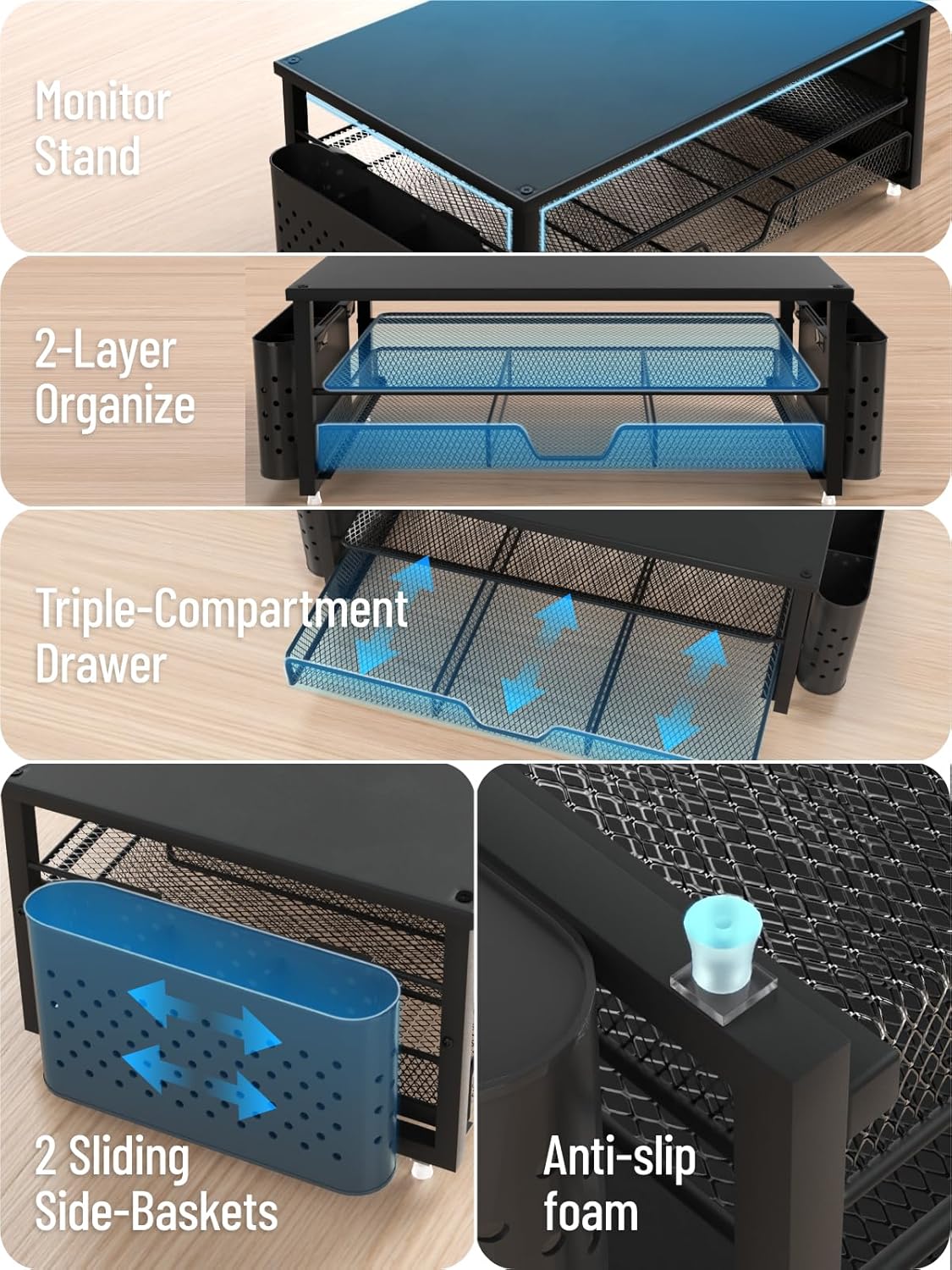 Imagen de MOWETOO Soporte para monitor con 2 niveles, soporte para impresora, soporte para monitor con plataforma de rejilla, cajón y soporte para bolígrafos, adecuado para portátiles, ordenadores, PC