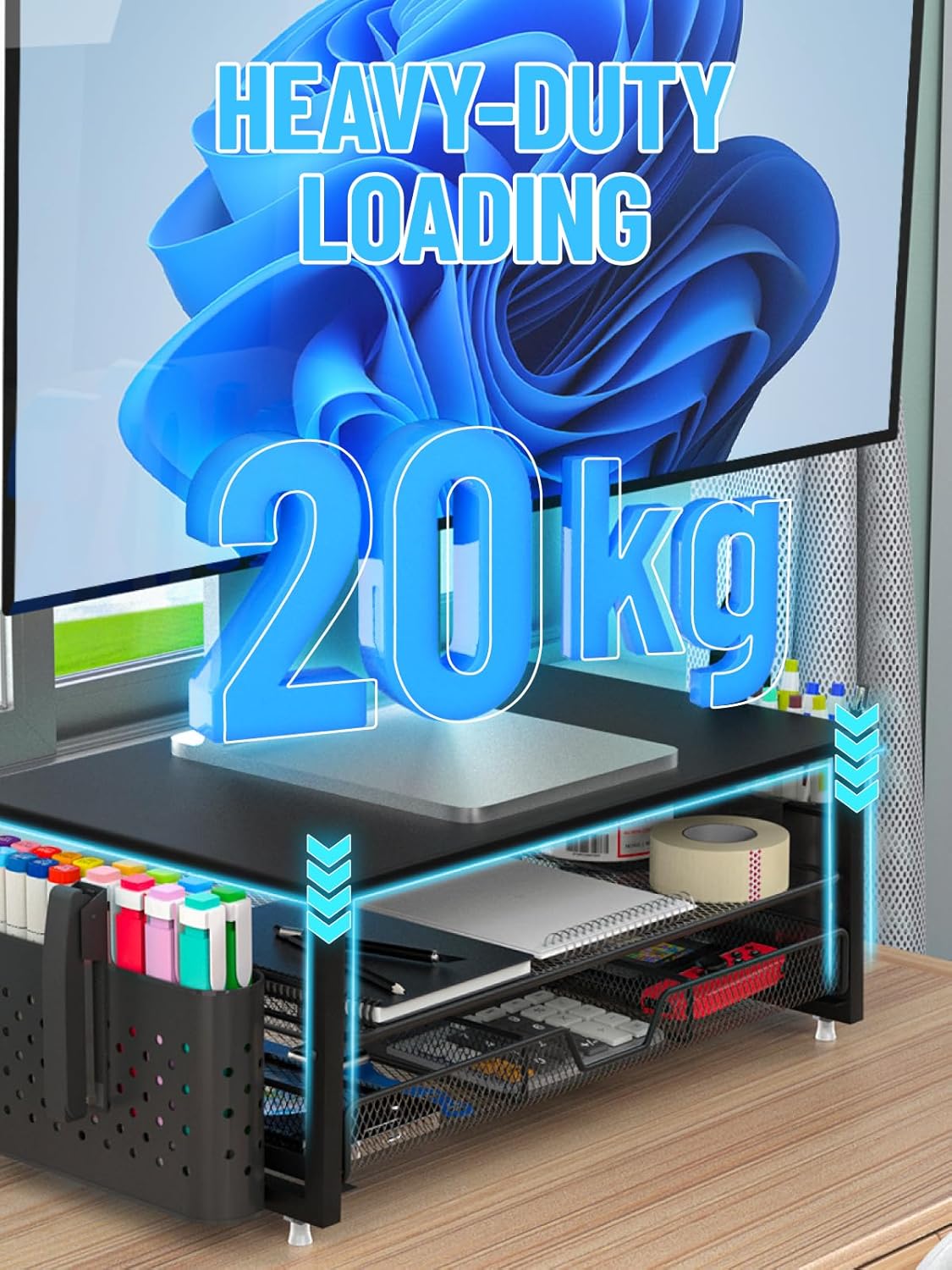 Imagen de MOWETOO Soporte para monitor con 2 niveles, soporte para impresora, soporte para monitor con plataforma de rejilla, cajón y soporte para bolígrafos, adecuado para portátiles, ordenadores, PC