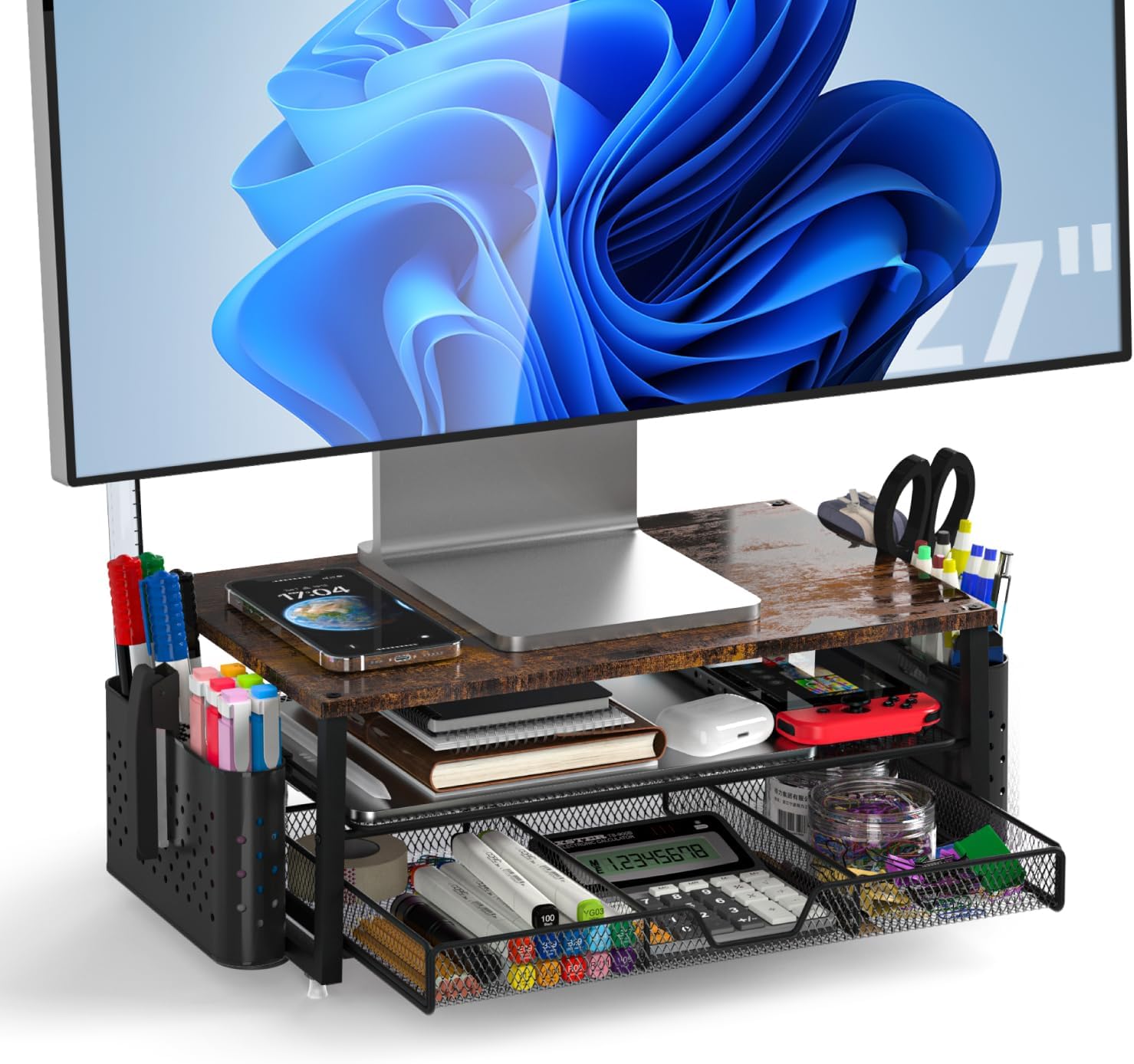 Imagen de MOWETOO Soporte para monitor con 2 niveles, soporte para impresora, soporte para monitor con plataforma de rejilla, cajón y soporte para bolígrafos, adecuado para portátiles, ordenadores, PC
